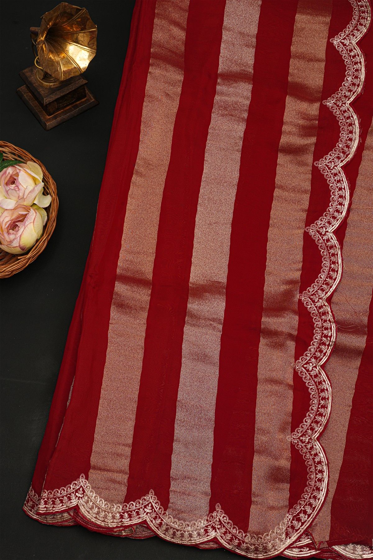 Fancy Kora Maroon Saree With All Over Lines Body And Self Design Florals And Leaves In Zardozi Work Border