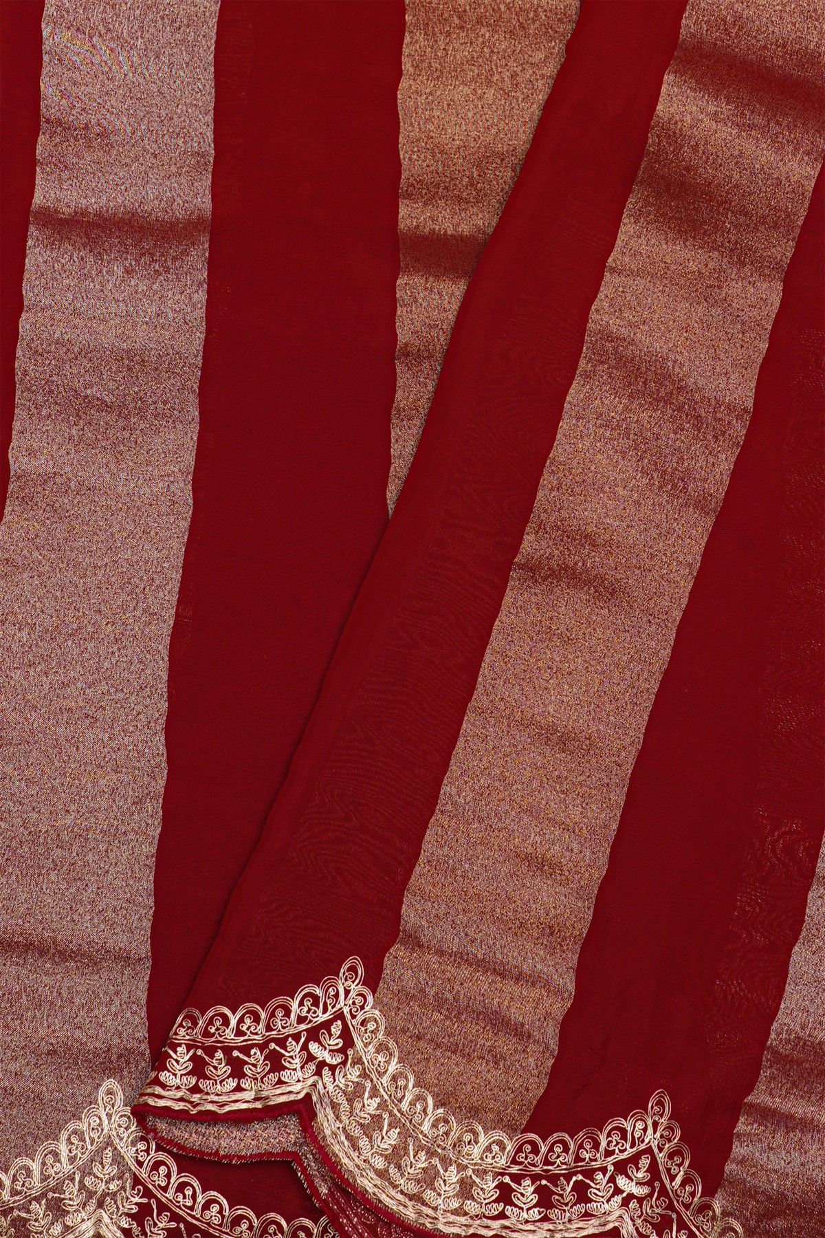 Fancy Kora Maroon Saree With All Over Lines Body And Self Design Florals And Leaves In Zardozi Work Border