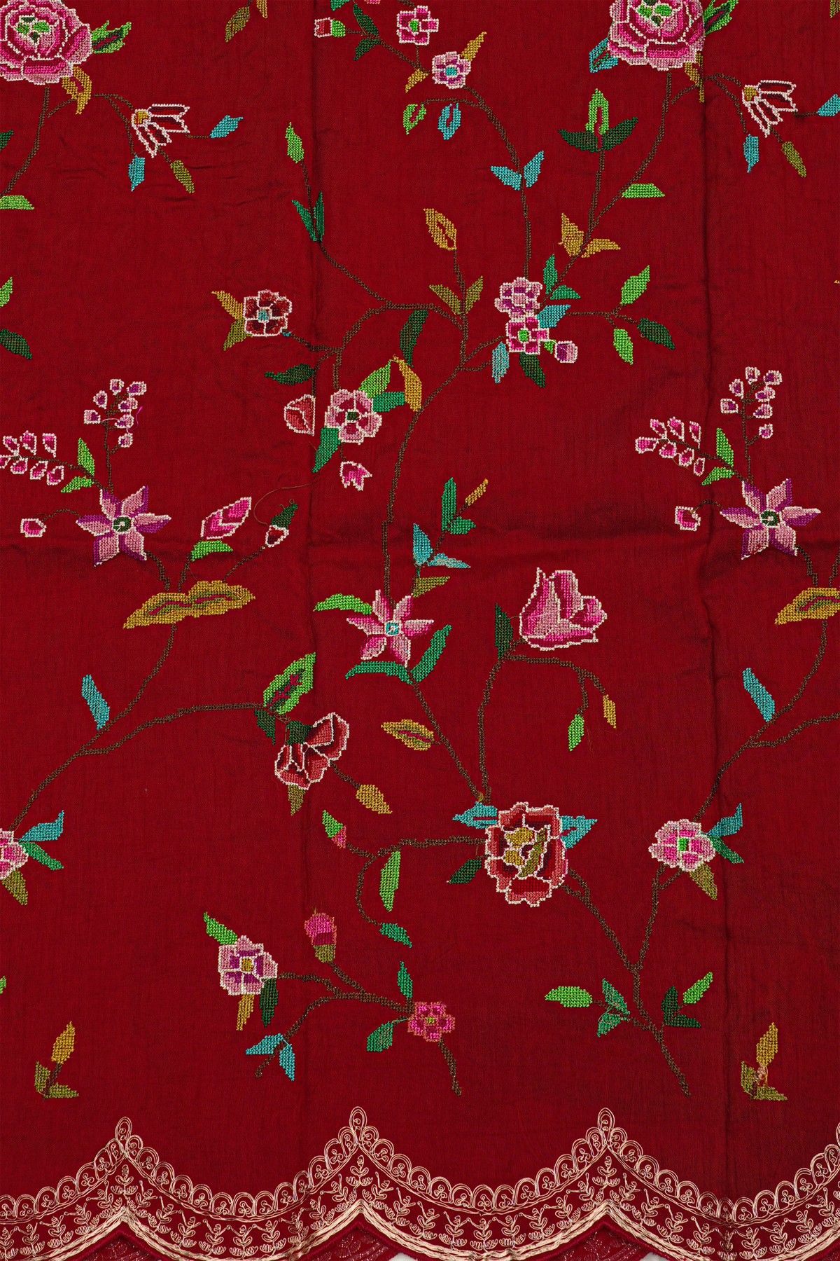 Fancy Kora Maroon Saree With All Over Lines Body And Self Design Florals And Leaves In Zardozi Work Border