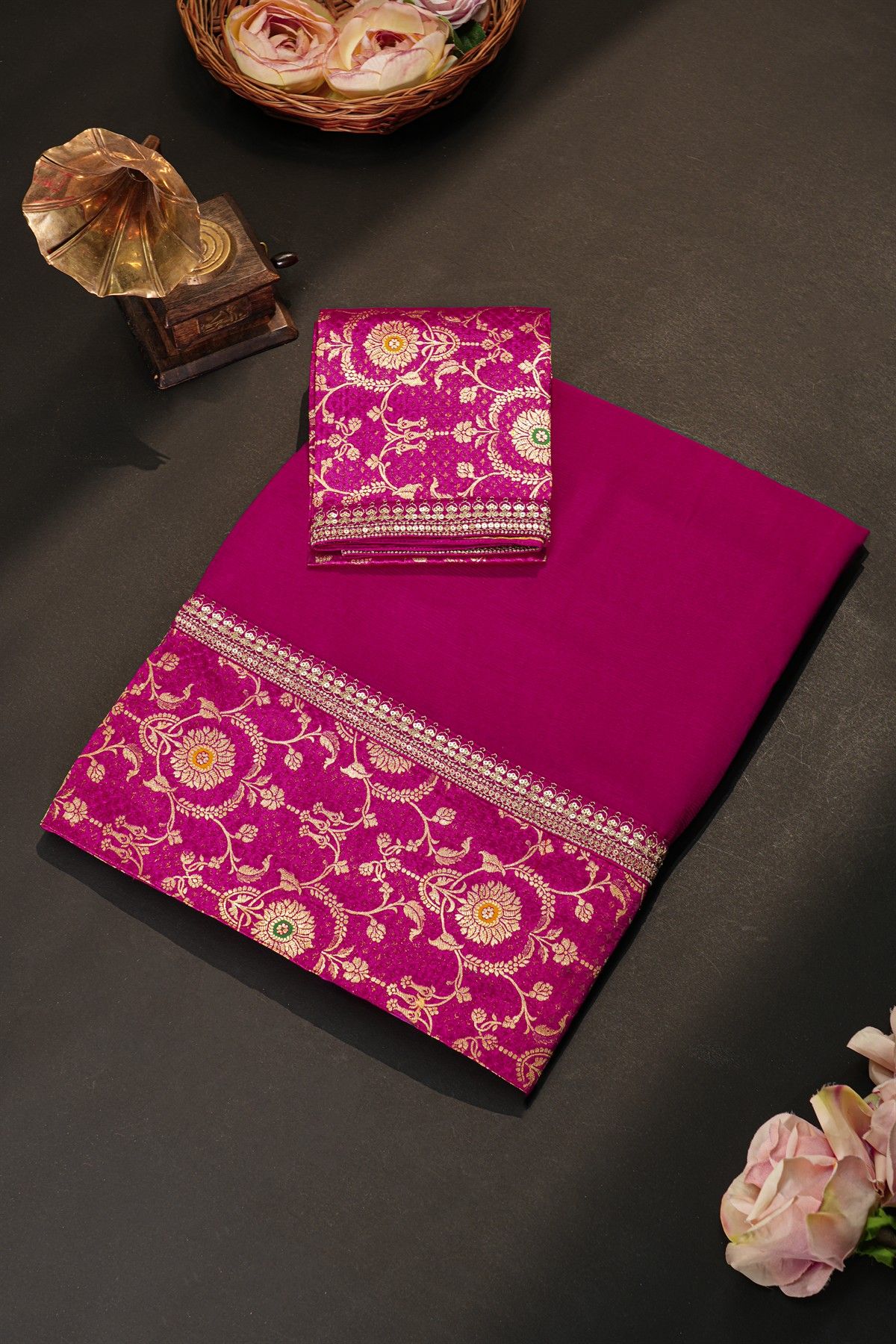 Fancy Crepe Magenta Saree With Self Floral And Leaves Jaal Border