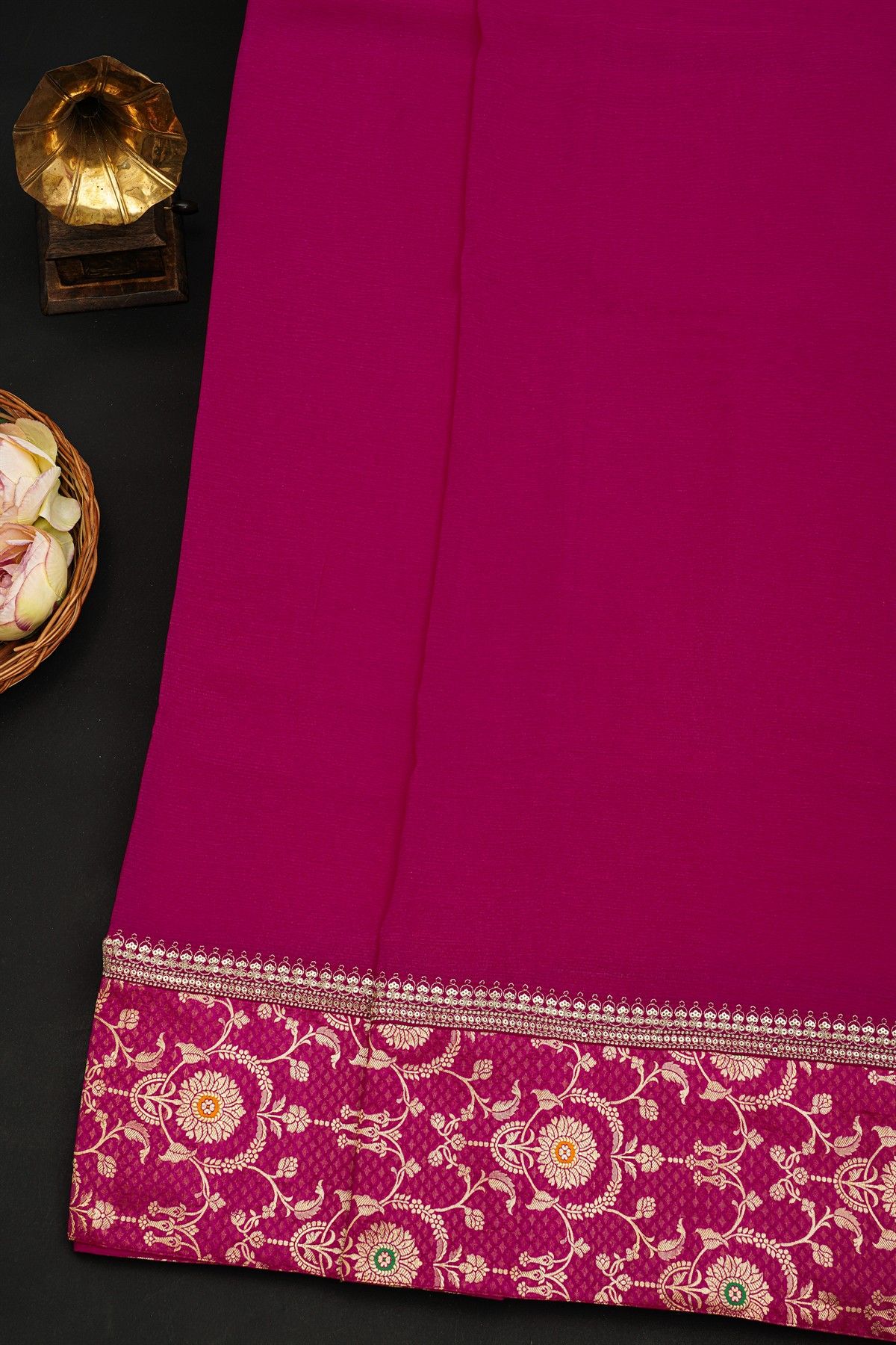 Fancy Crepe Magenta Saree With Self Floral And Leaves Jaal Border