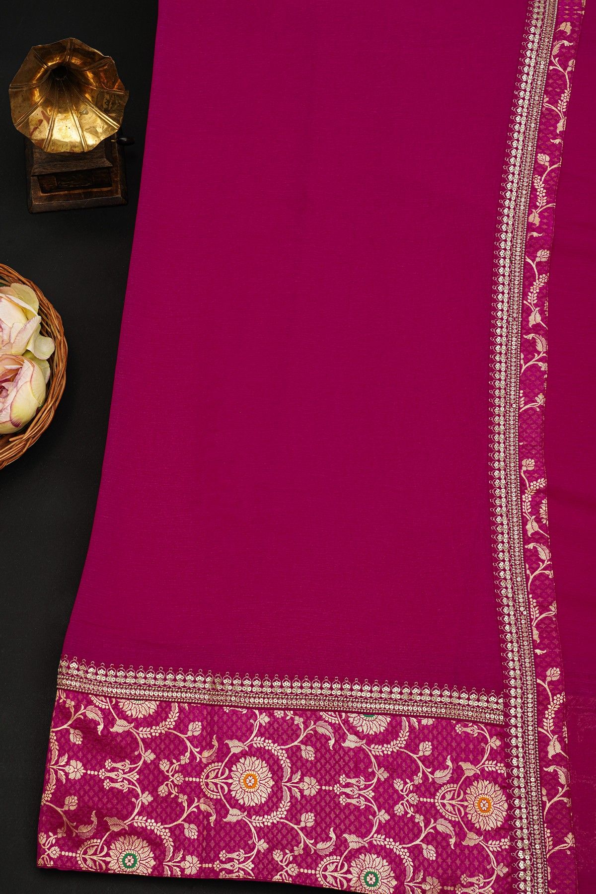 Fancy Crepe Magenta Saree With Self Floral And Leaves Jaal Border