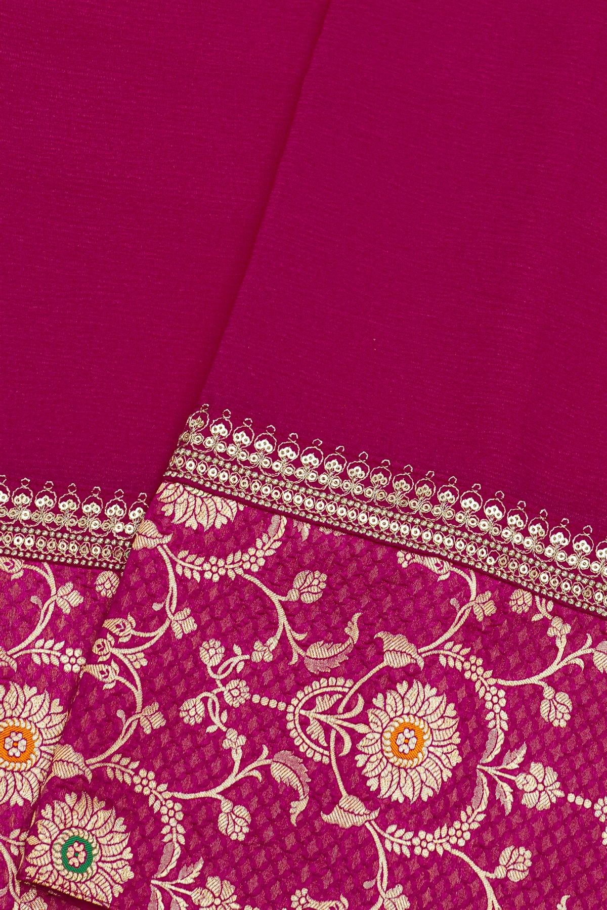 Fancy Crepe Magenta Saree With Self Floral And Leaves Jaal Border
