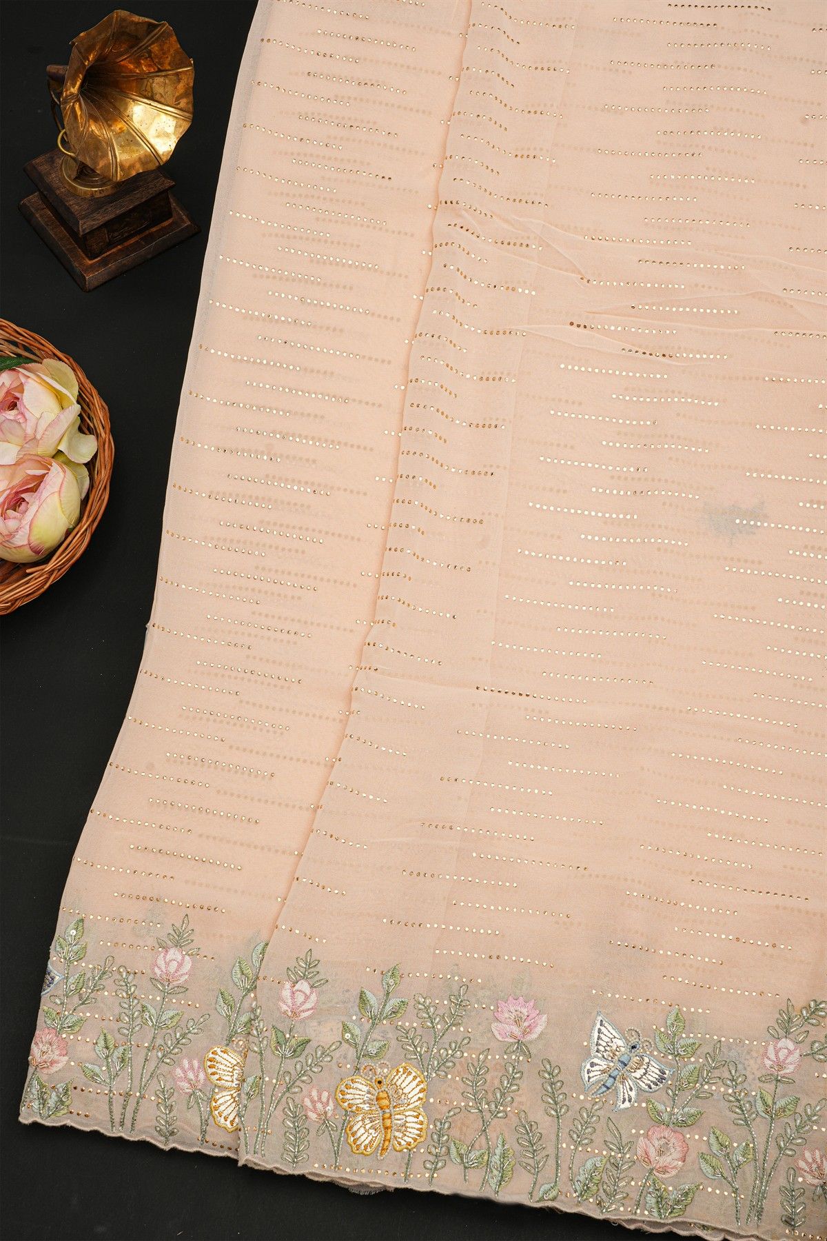 Fancy Crepe Cream Saree With All Over Zari Lines Body And Self Design Florals And Leaves With Birds In Thread Work Border