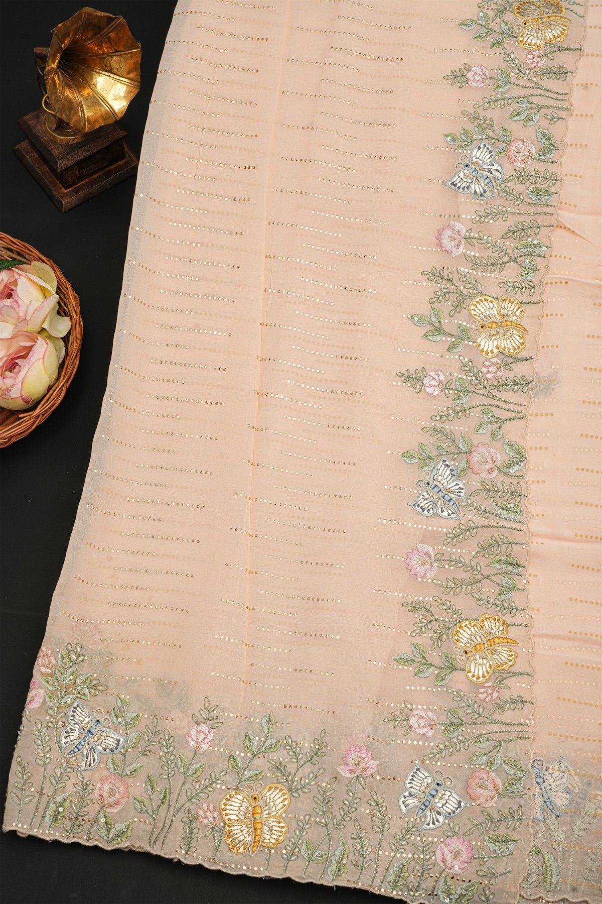 Fancy Crepe Cream Saree With All Over Zari Lines Body And Self Design Florals And Leaves With Birds In Thread Work Border