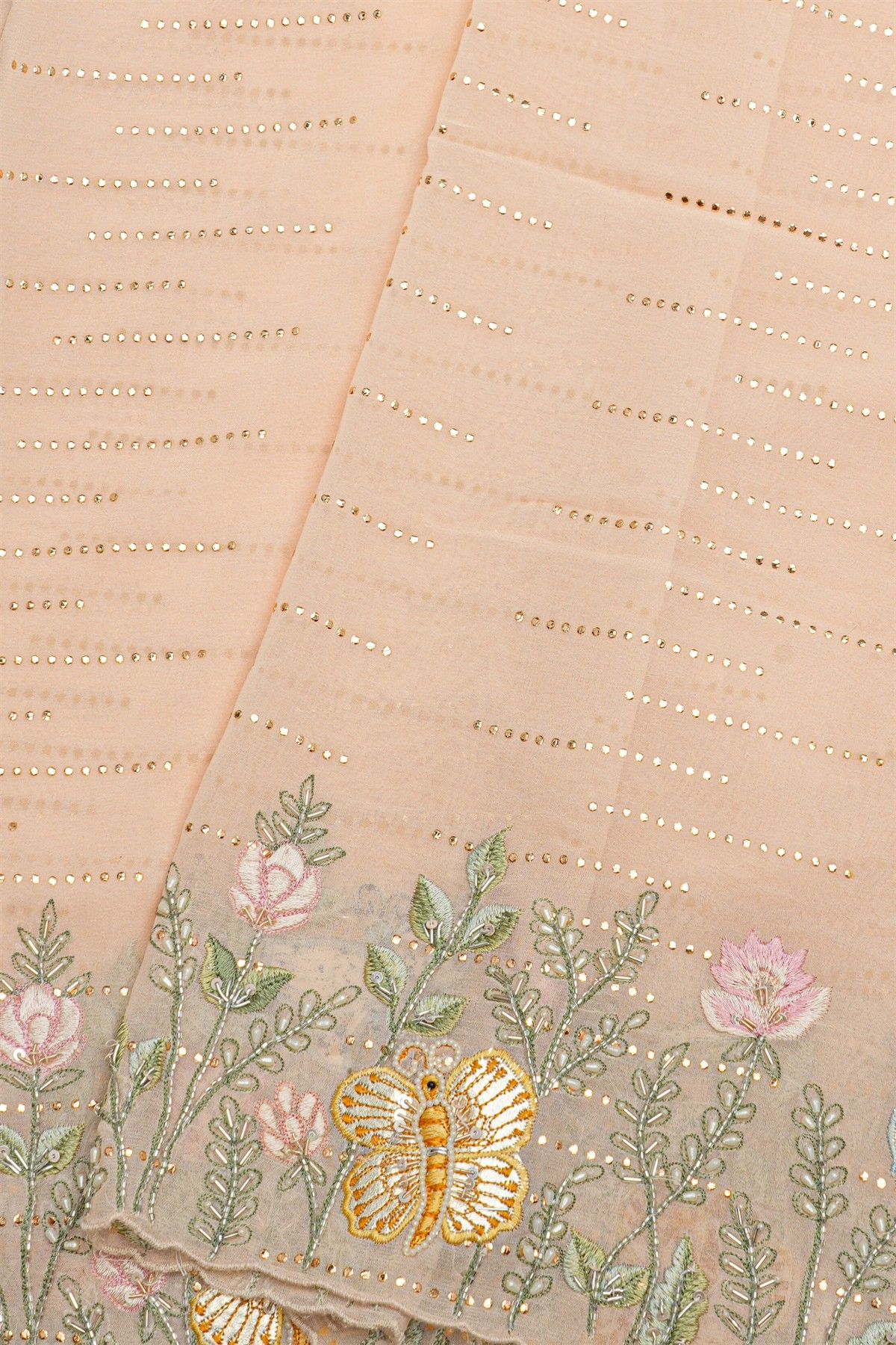 Fancy Crepe Cream Saree With All Over Zari Lines Body And Self Design Florals And Leaves With Birds In Thread Work Border
