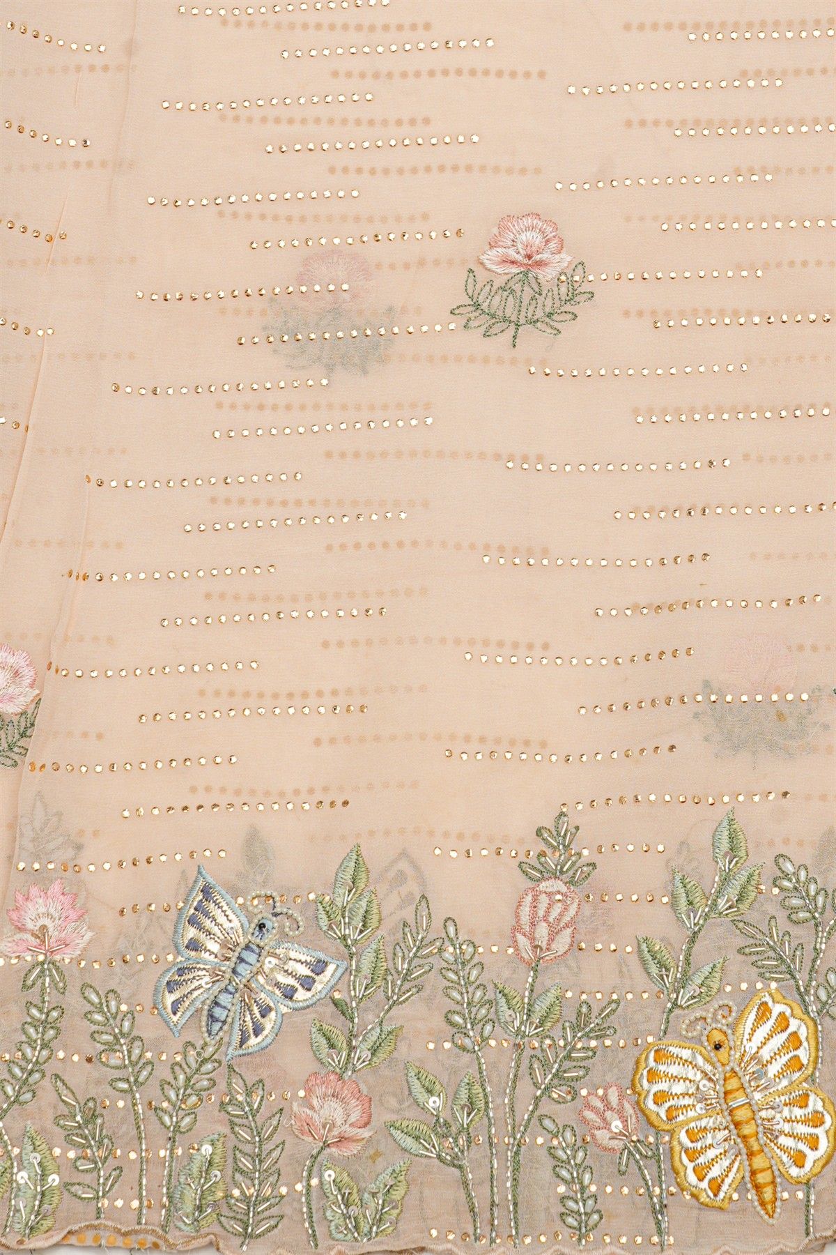 Fancy Crepe Cream Saree With All Over Zari Lines Body And Self Design Florals And Leaves With Birds In Thread Work Border