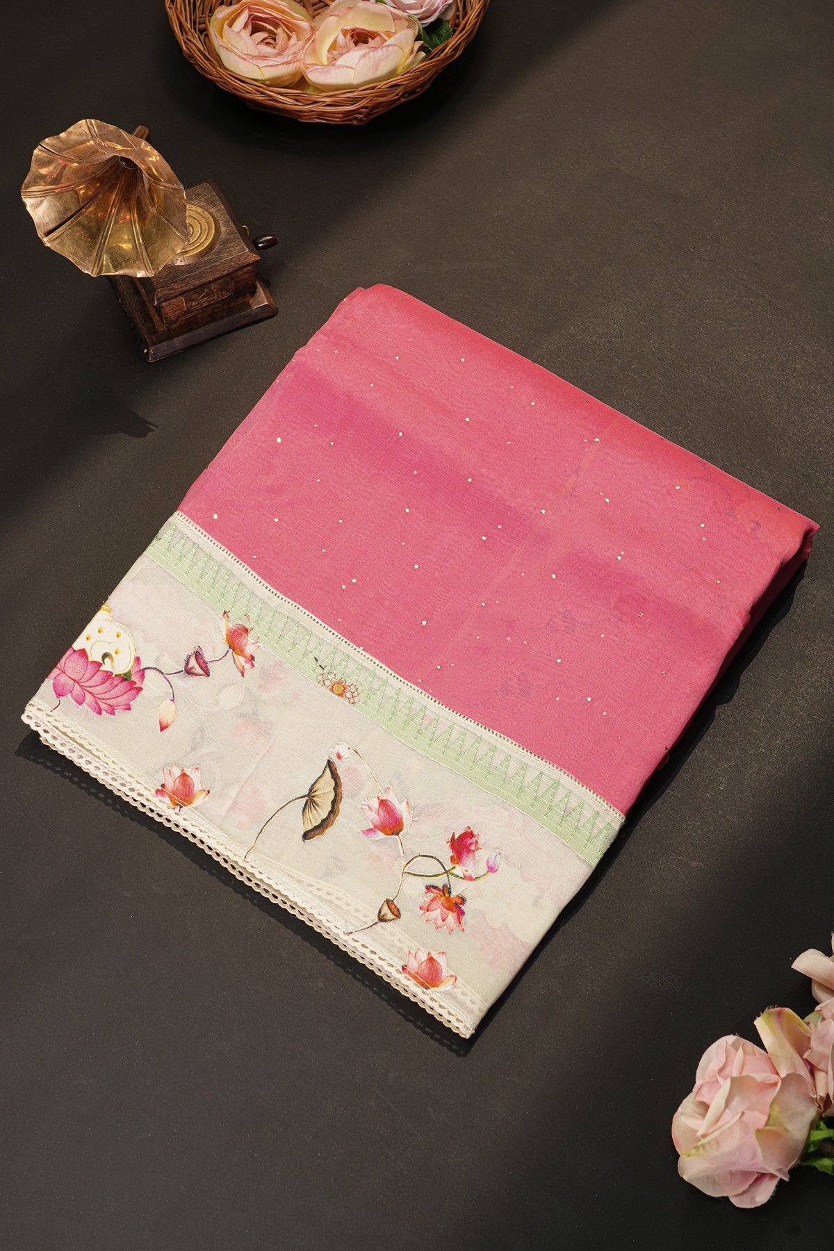 Fancy Kora Pink Saree With Pichwai Cows And Florals Border