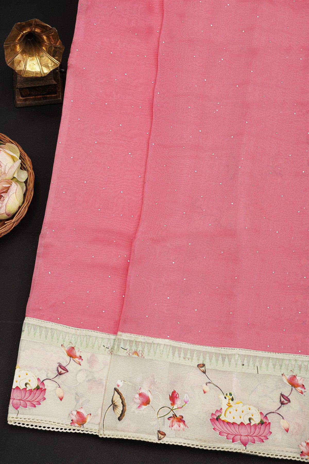 Fancy Kora Pink Saree With Pichwai Cows And Florals Border