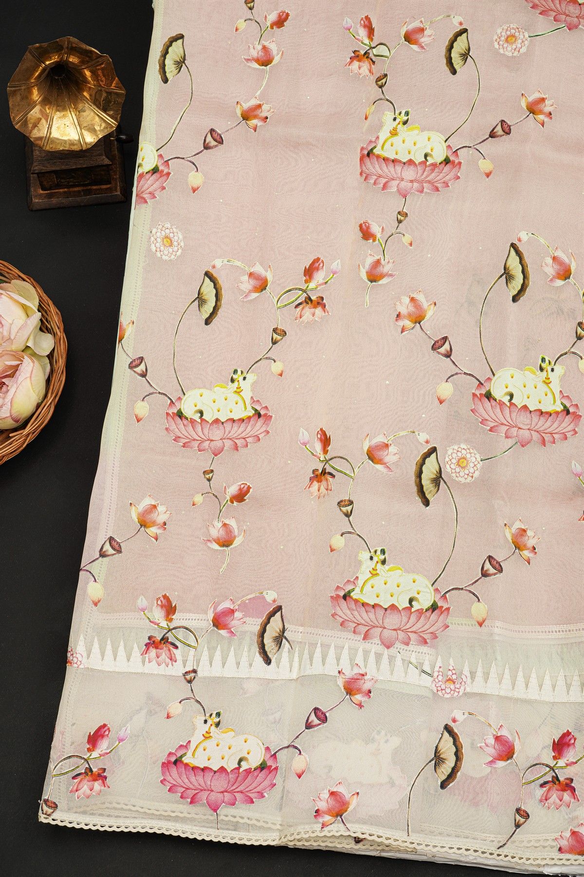 Fancy Kora Pink Saree With Pichwai Cows And Florals Border