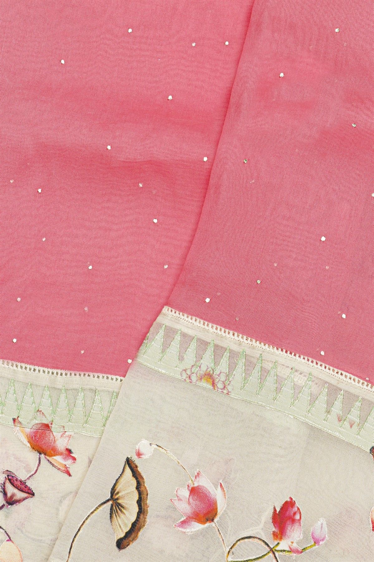 Fancy Kora Pink Saree With Pichwai Cows And Florals Border
