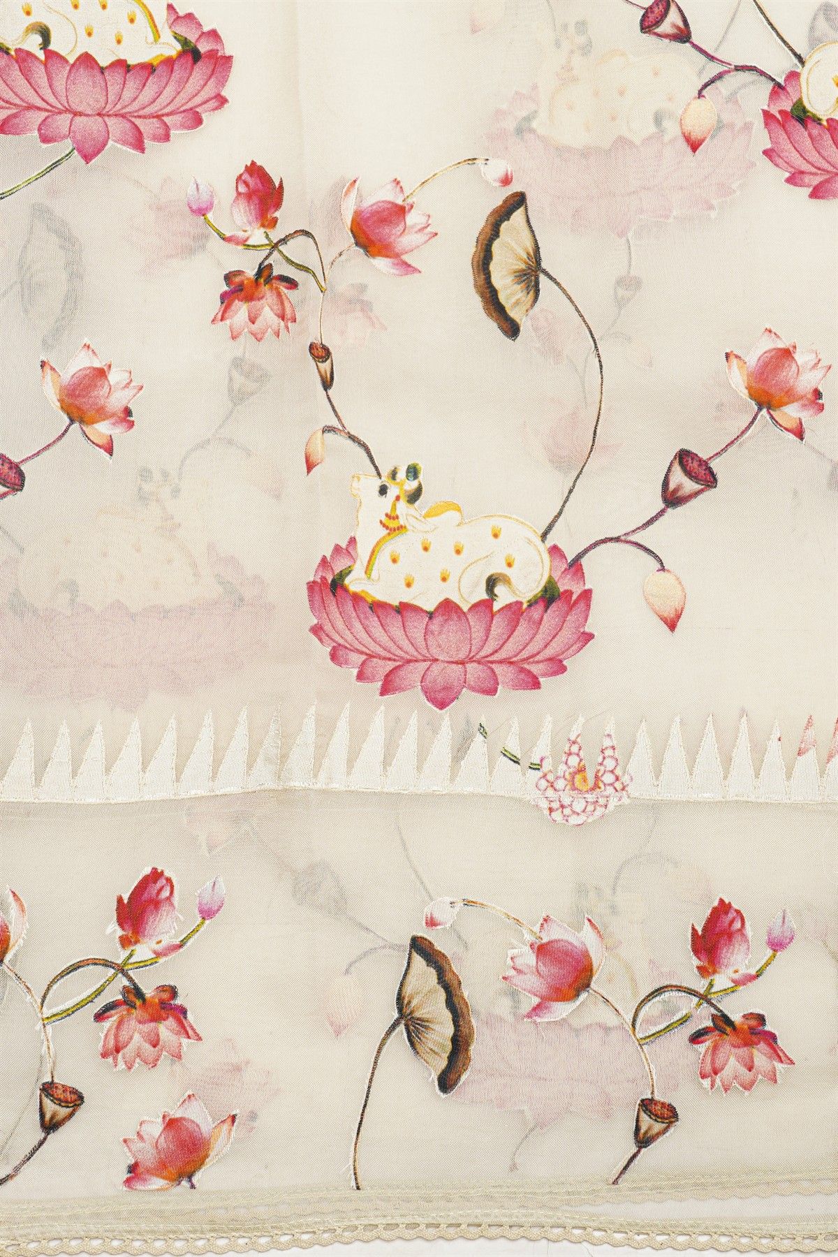 Fancy Kora Pink Saree With Pichwai Cows And Florals Border