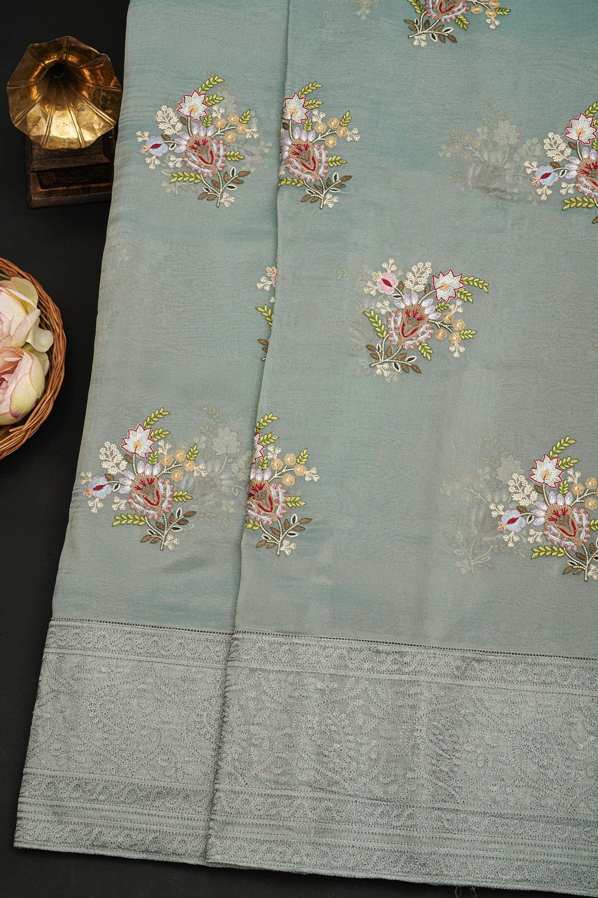 Fancy Kora Grey Saree With Florals And Leaves In Thread Work Body