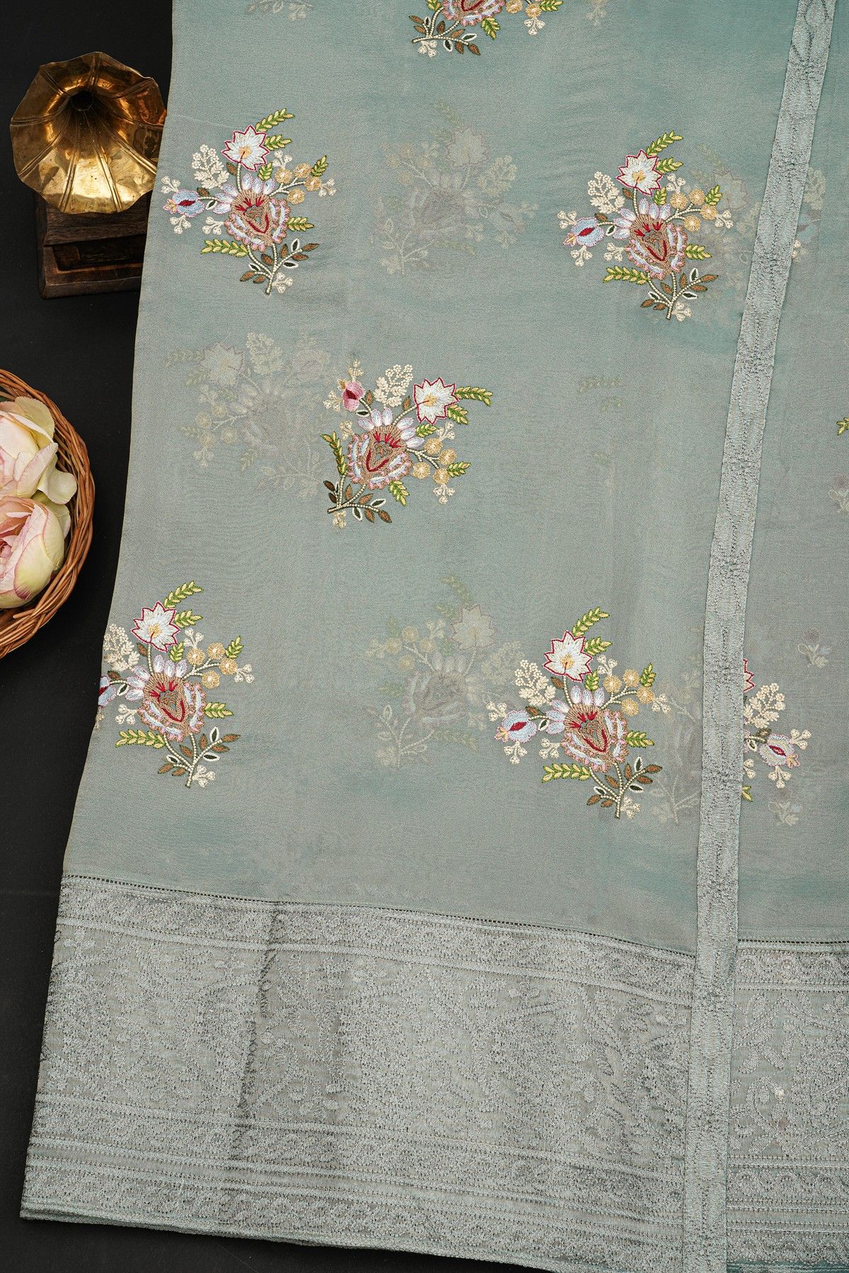 Fancy Kora Grey Saree With Florals And Leaves In Thread Work Body