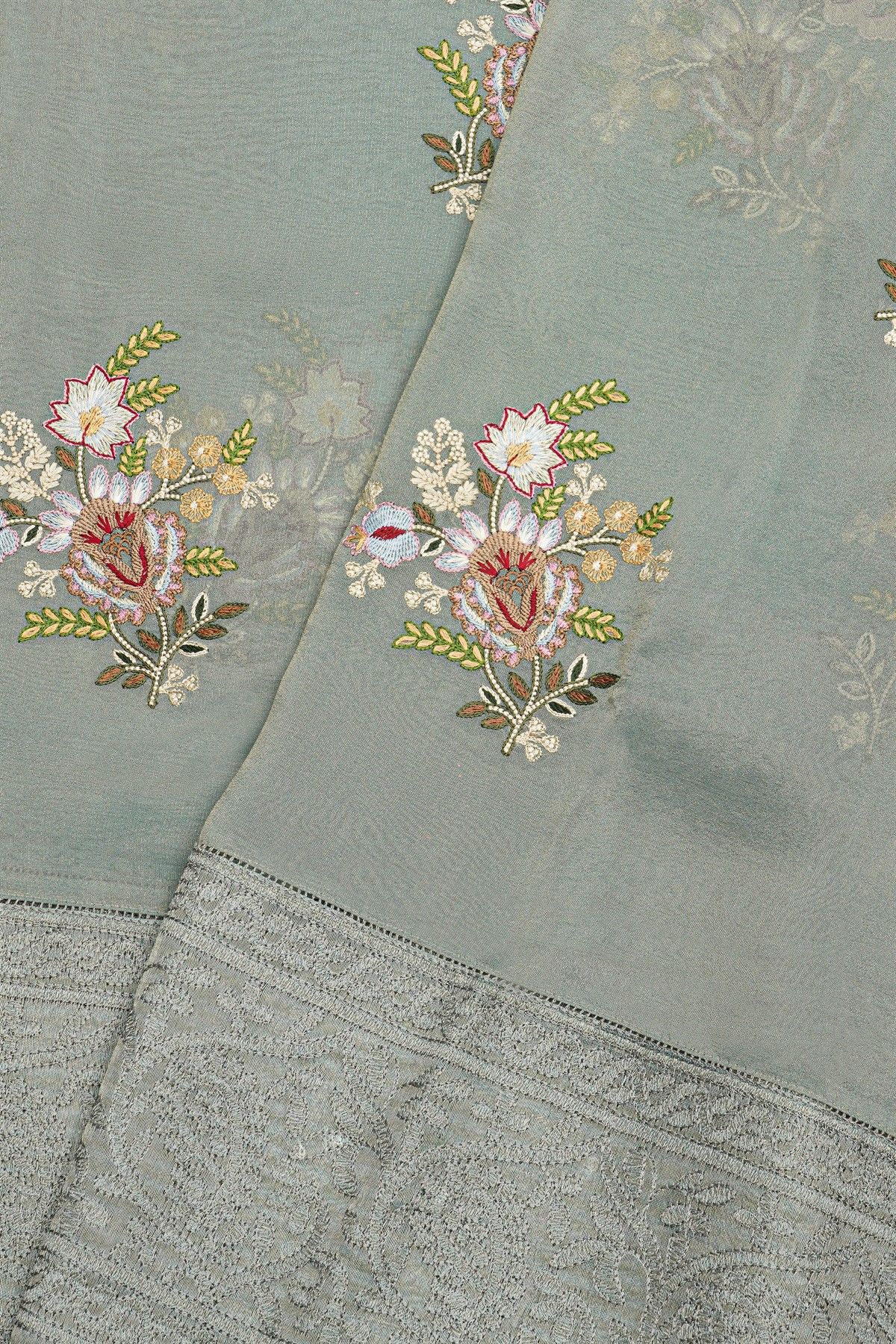 Fancy Kora Grey Saree With Florals And Leaves In Thread Work Body