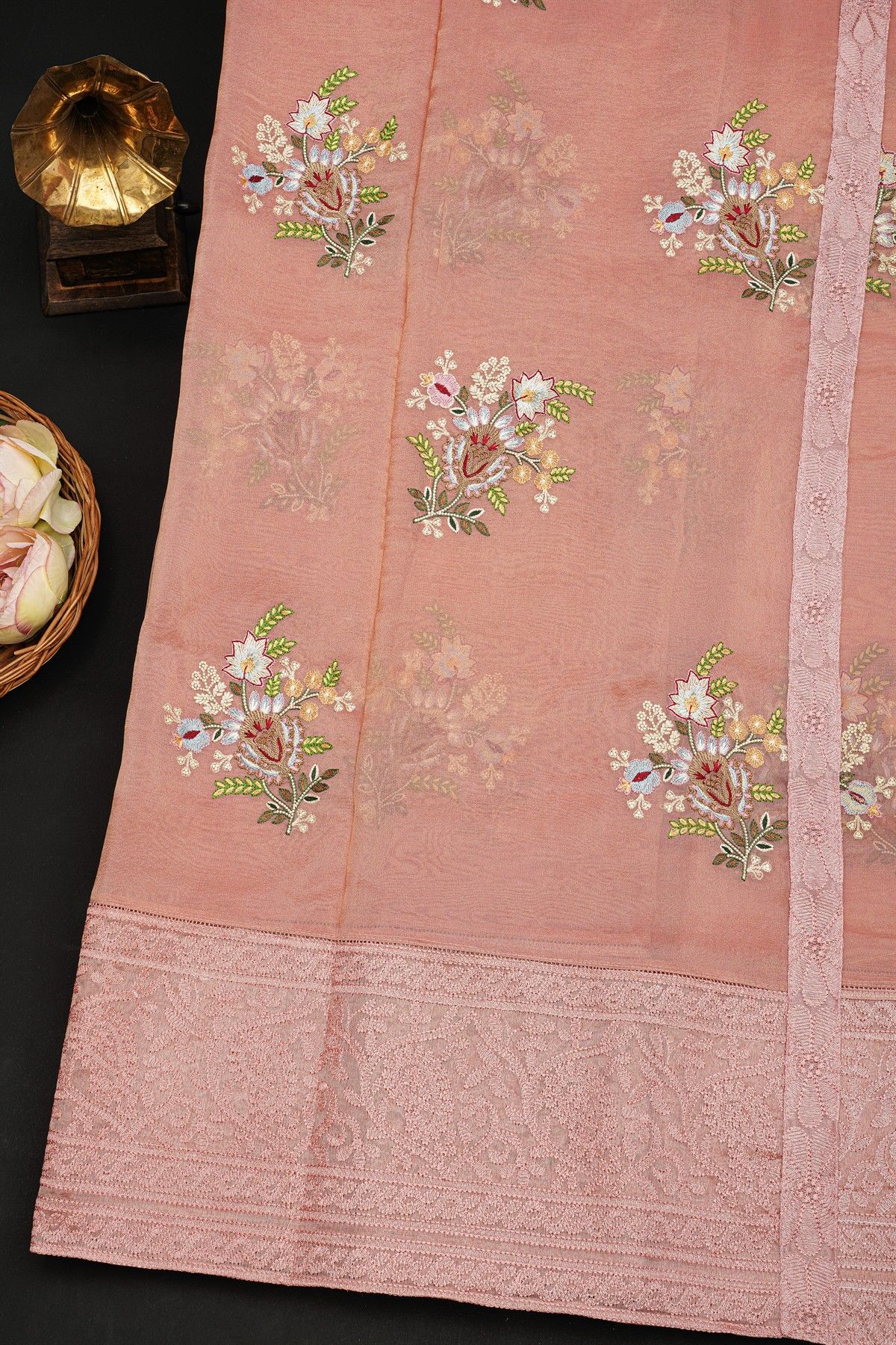 Fancy Kora Baby Pink Saree With Florals And Leaves In Thread Work Body