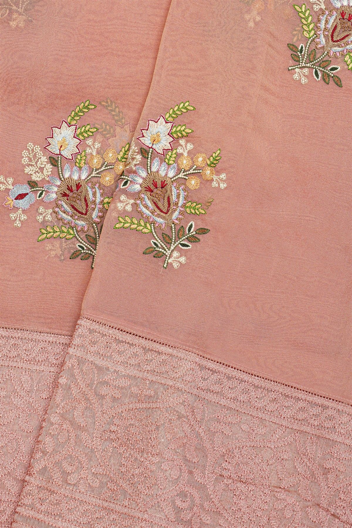 Fancy Kora Baby Pink Saree With Florals And Leaves In Thread Work Body