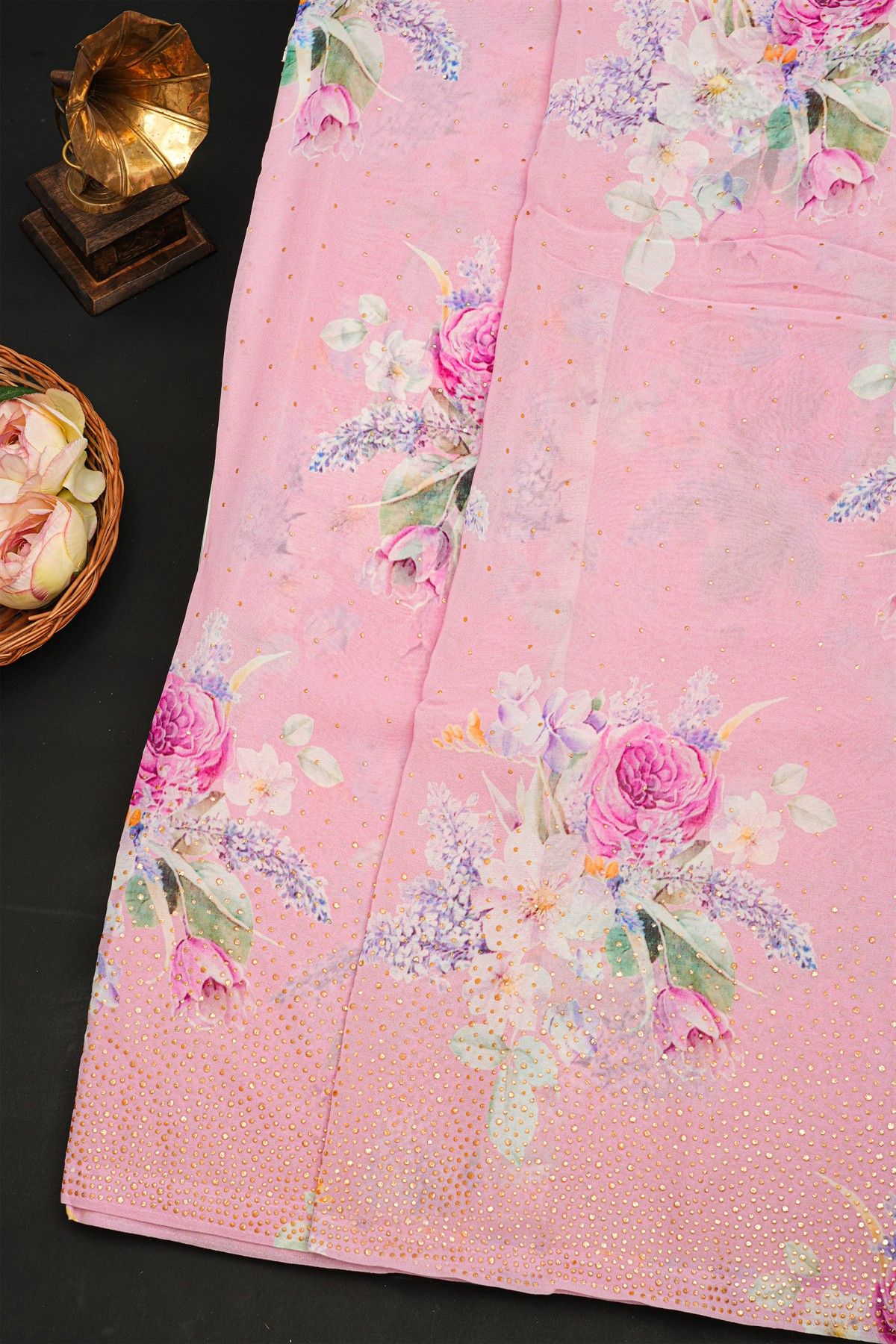 Fancy Crepe Light Pink Saree With Florals And Leaves Body Mirror Work Border