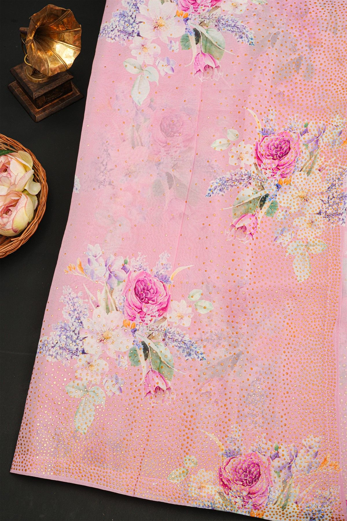 Fancy Crepe Light Pink Saree With Florals And Leaves Body Mirror Work Border