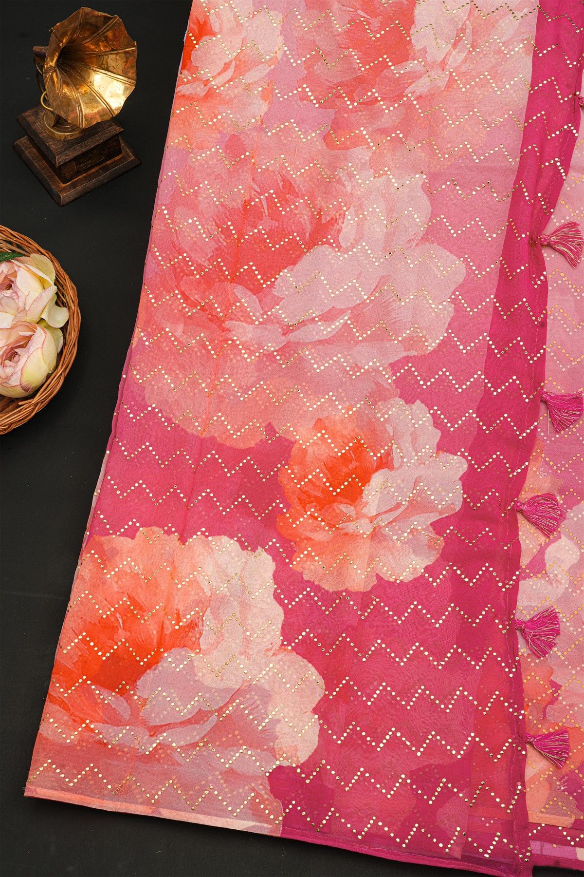 Fancy Crape Multi-Colour Saree With Florals And Leaves With Zig-Zag Lines Body And Self Design Small Laces Border