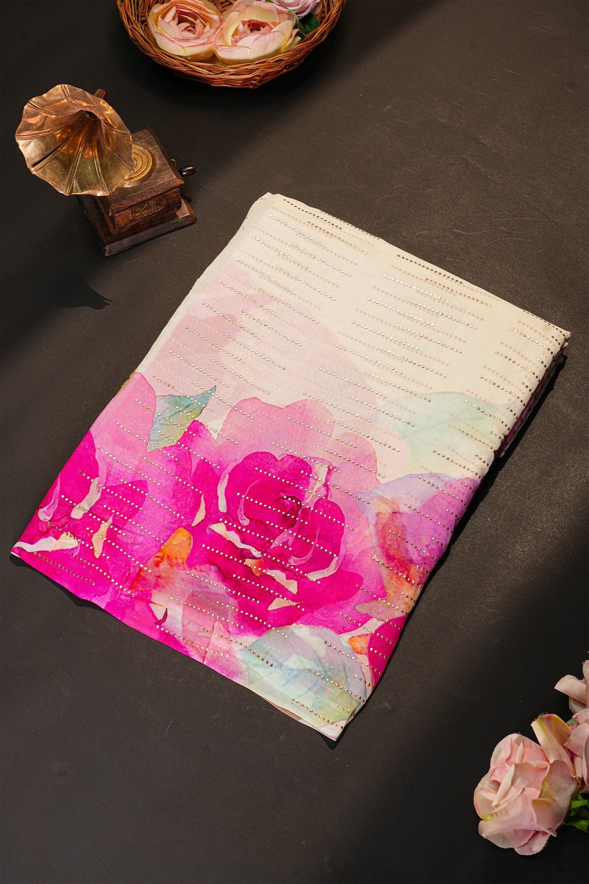 Fancy Crepe Multi-Colour Saree With Florals And Leaves Body Open Border
