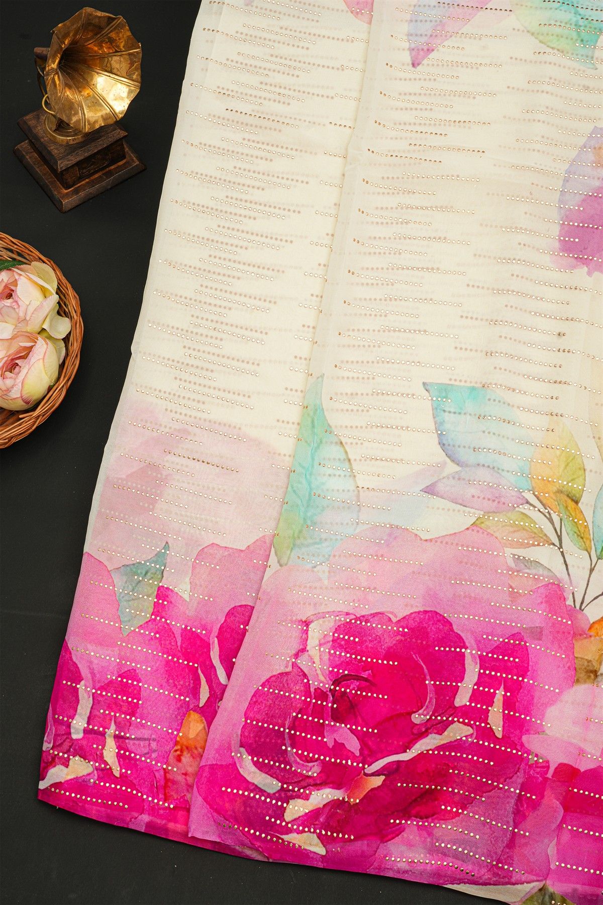 Fancy Crepe Multi-Colour Saree With Florals And Leaves Body Open Border
