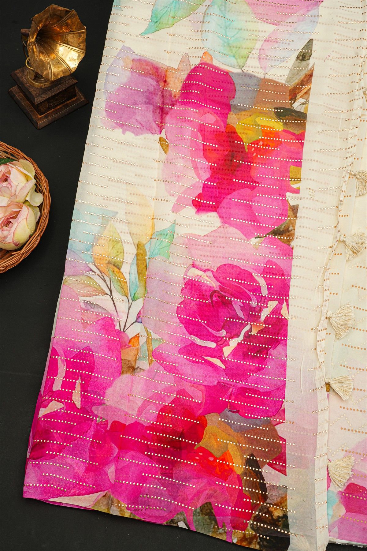 Fancy Crepe Multi-Colour Saree With Florals And Leaves Body Open Border