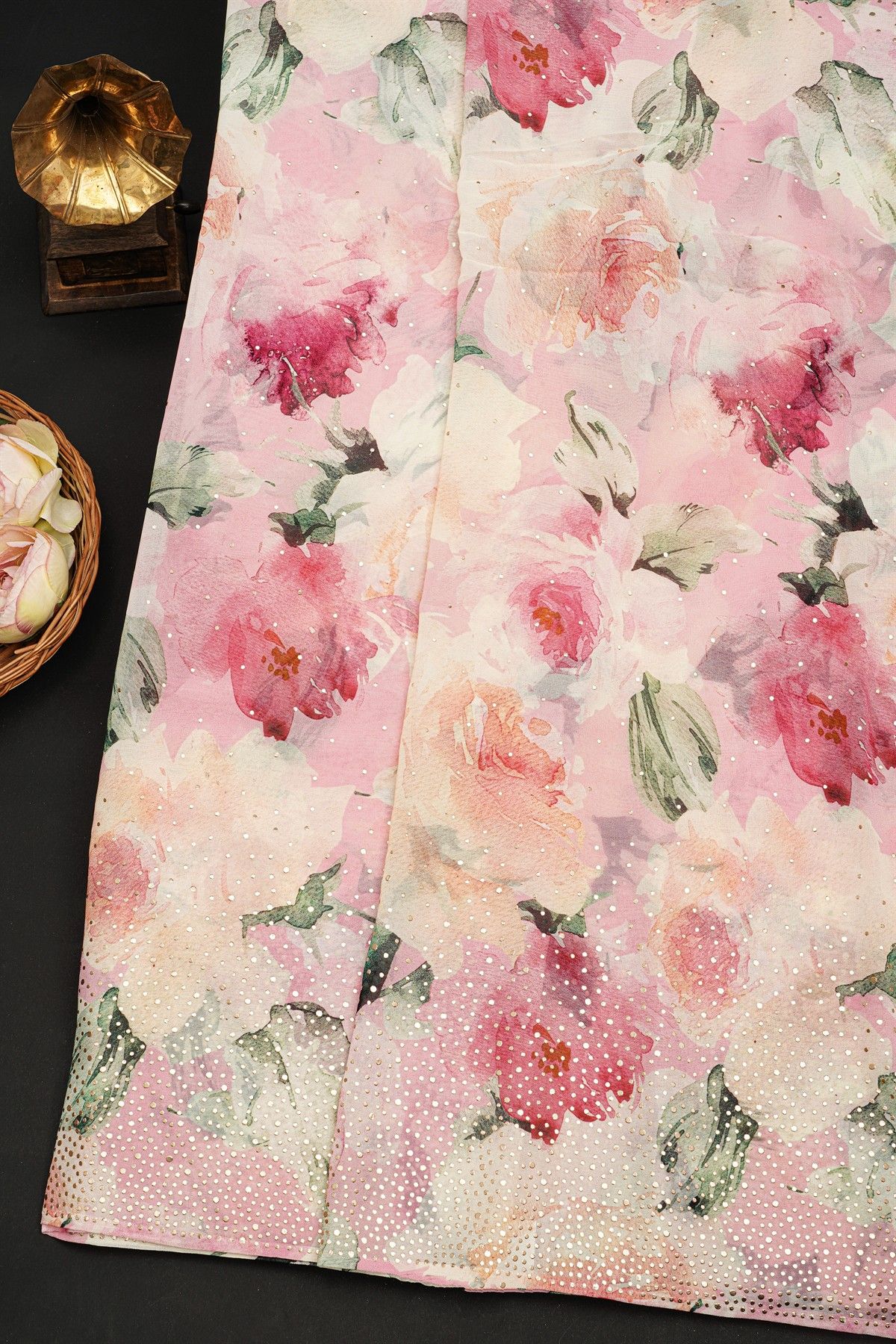 Fancy Crepe Multi-Colour Saree With Florals And Stone Work Body