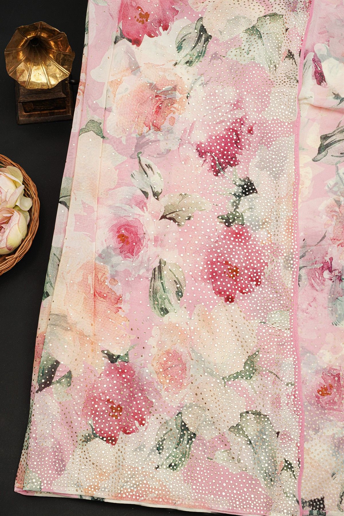 Fancy Crepe Multi-Colour Saree With Florals And Stone Work Body