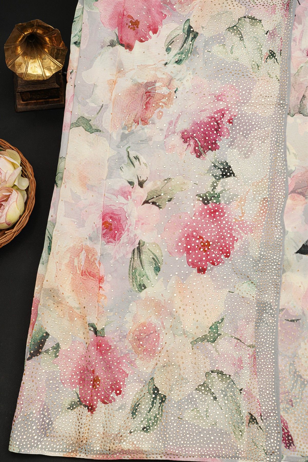 Fancy Crepe Multi-Colour Saree With Florals And Stone Work Body