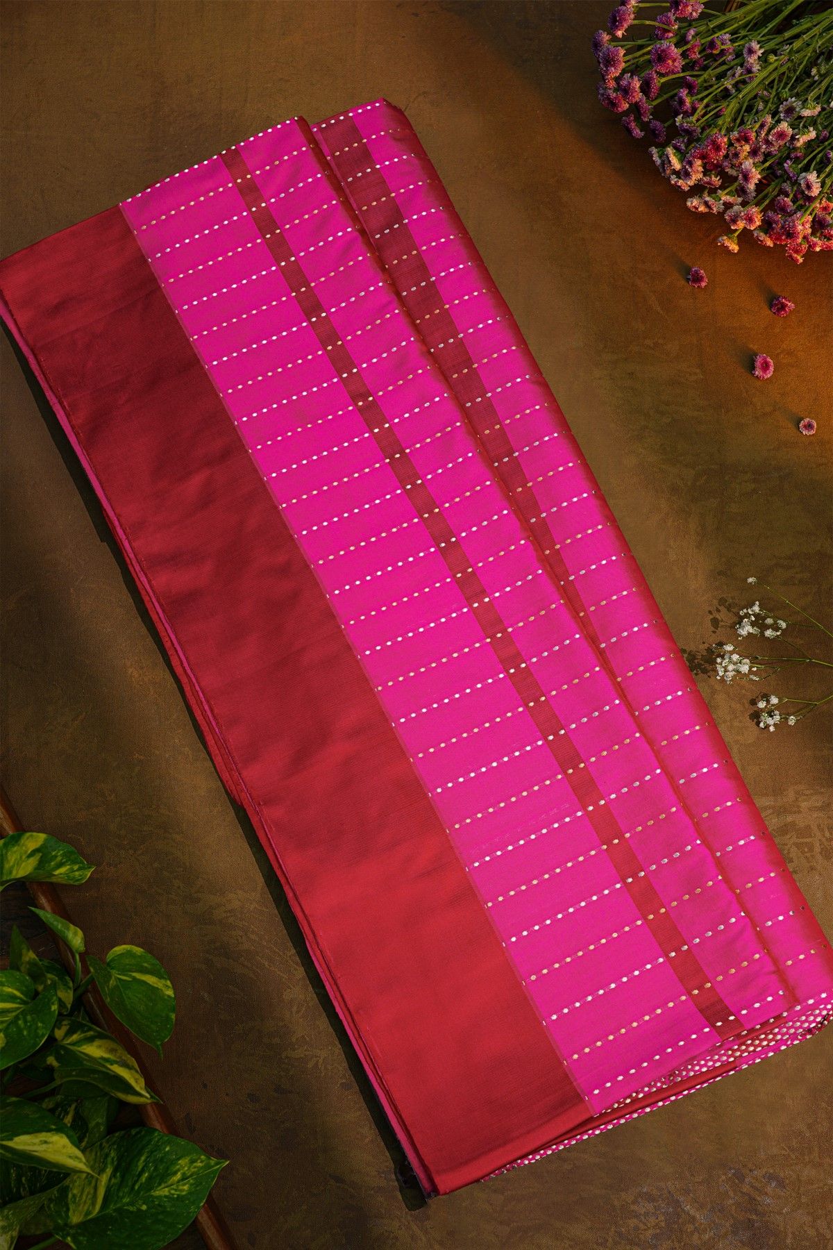 Banarasi Silk Rani Pink Saree With Zari Buttis And Lines Body