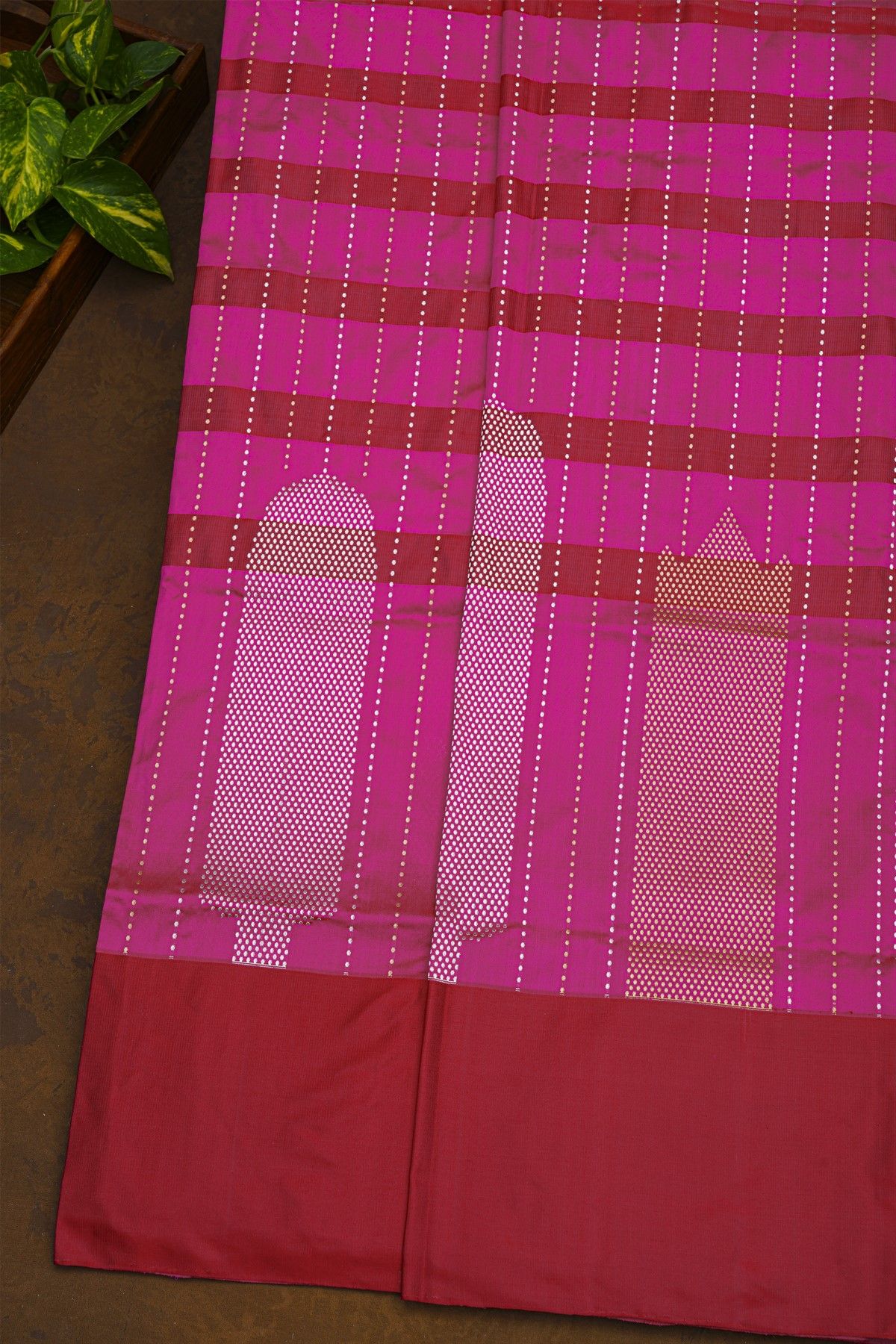 Banarasi Silk Rani Pink Saree With Zari Buttis And Lines Body