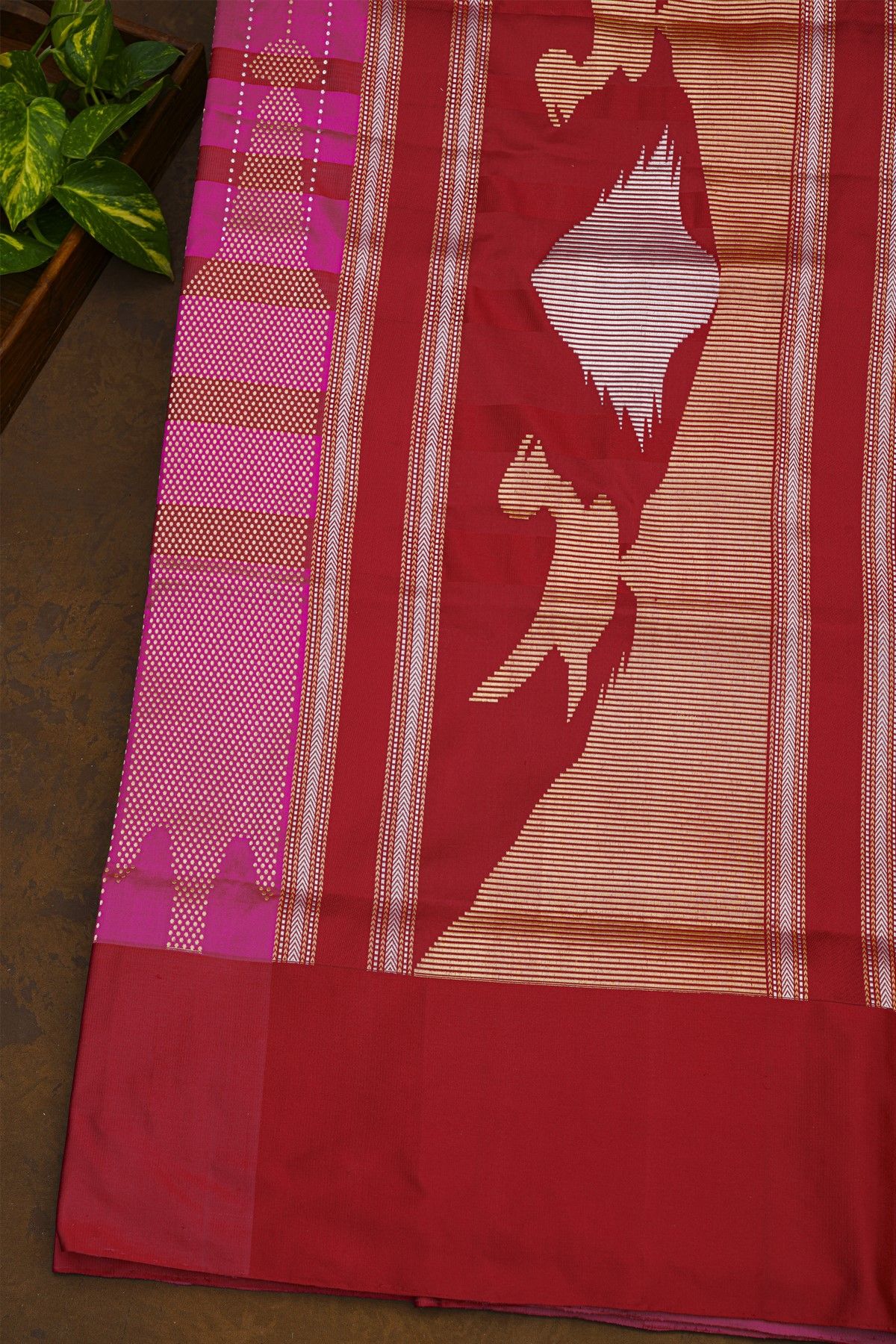 Banarasi Silk Rani Pink Saree With Zari Buttis And Lines Body