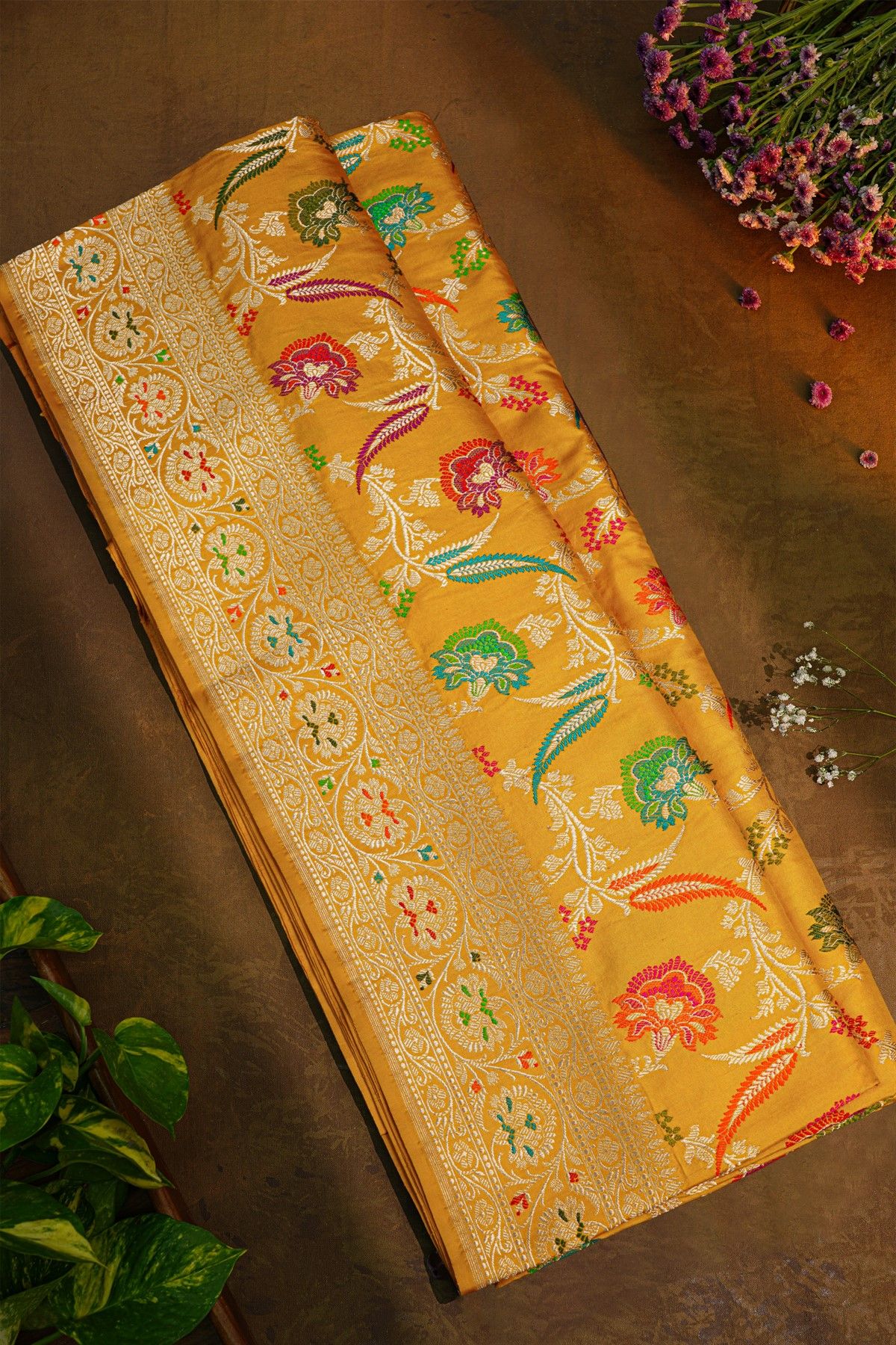Banarasi Silk Yellow Saree With All Over Florals In Meenakari Weave