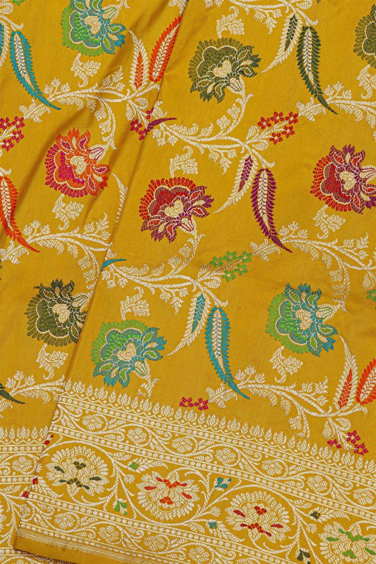 Banarasi Silk Yellow Saree With All Over Florals In Meenakari Weave