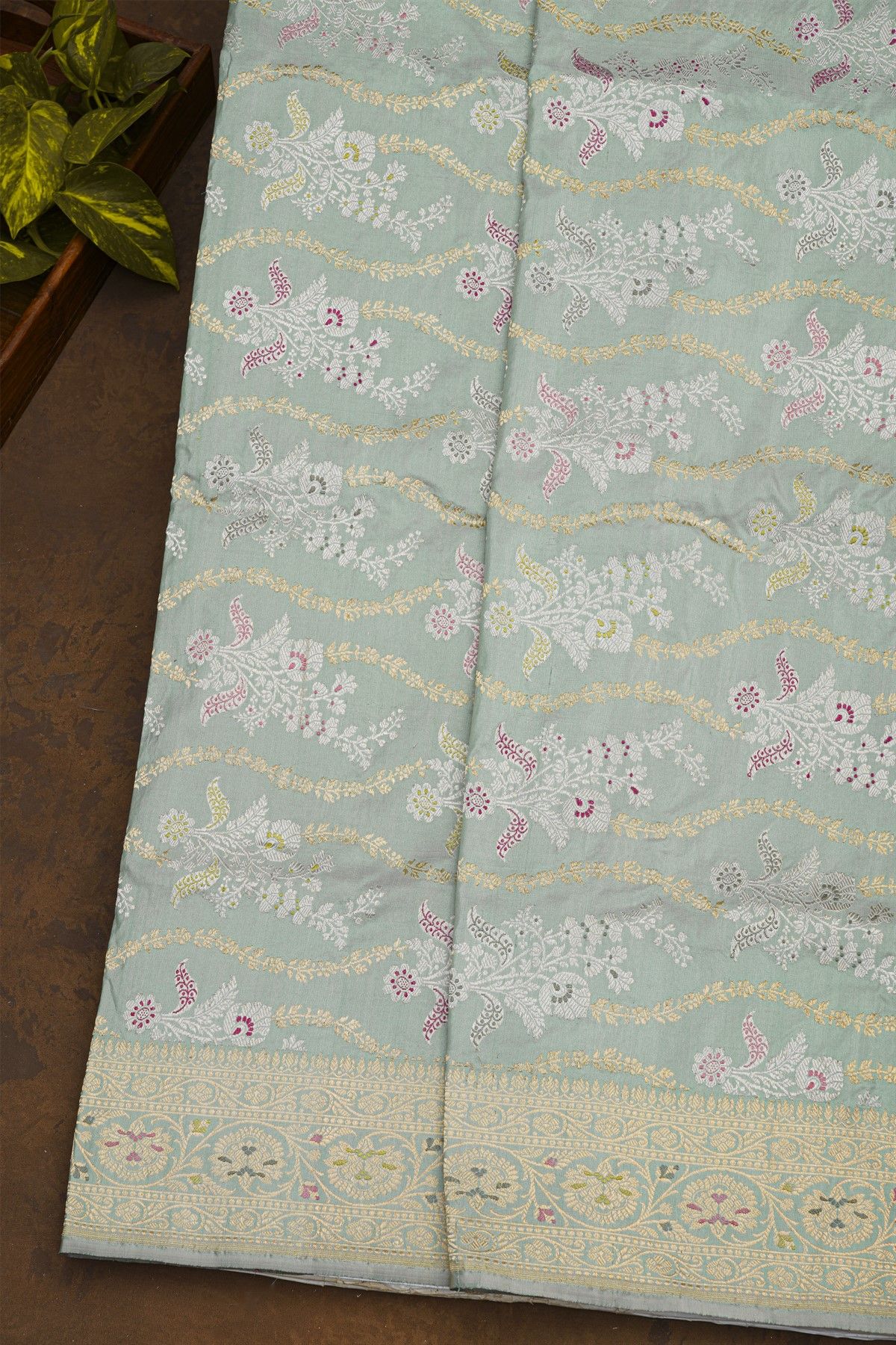 Banarasi Silk Light Grey Saree With Florals In Meenakari Weave