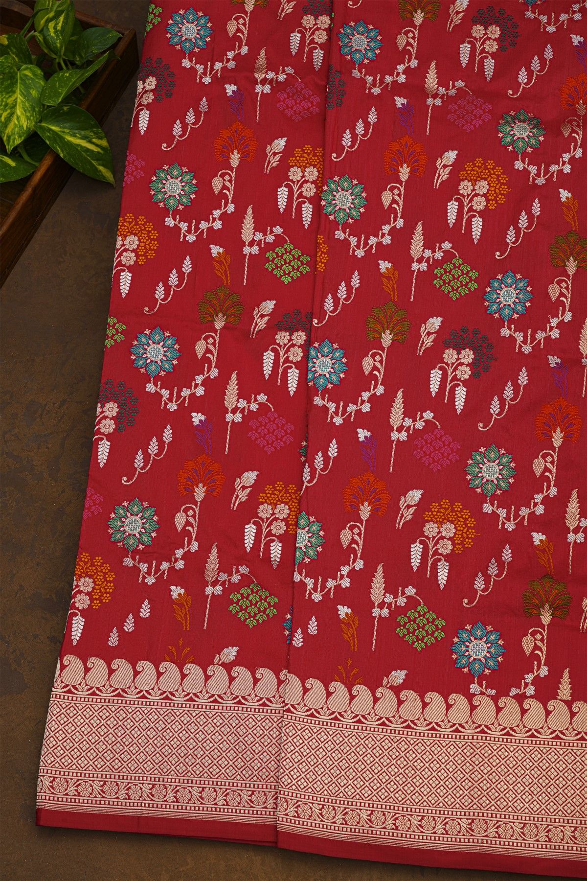 Banarasi Silk Red Saree With Florals And Jaal With Paisleys Border