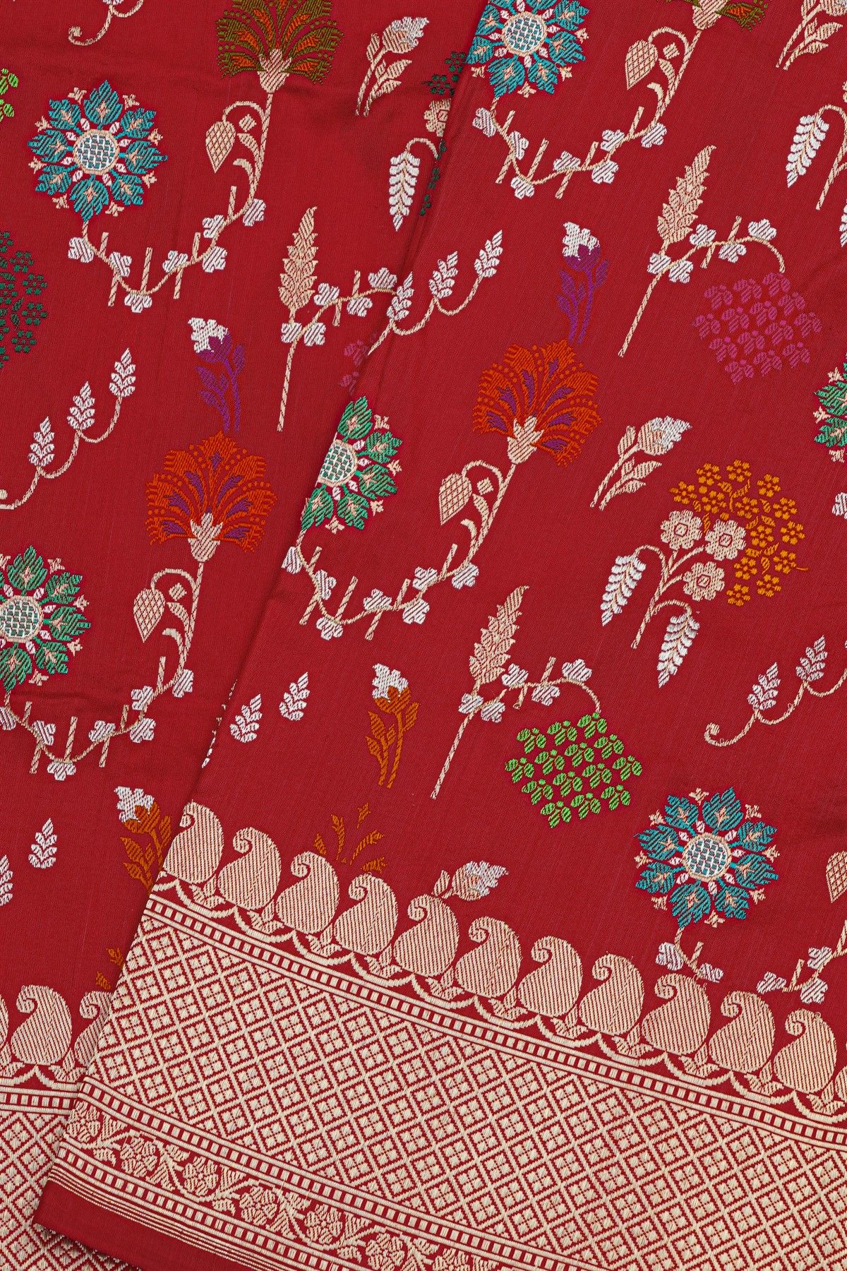 Banarasi Silk Red Saree With Florals And Jaal With Paisleys Border