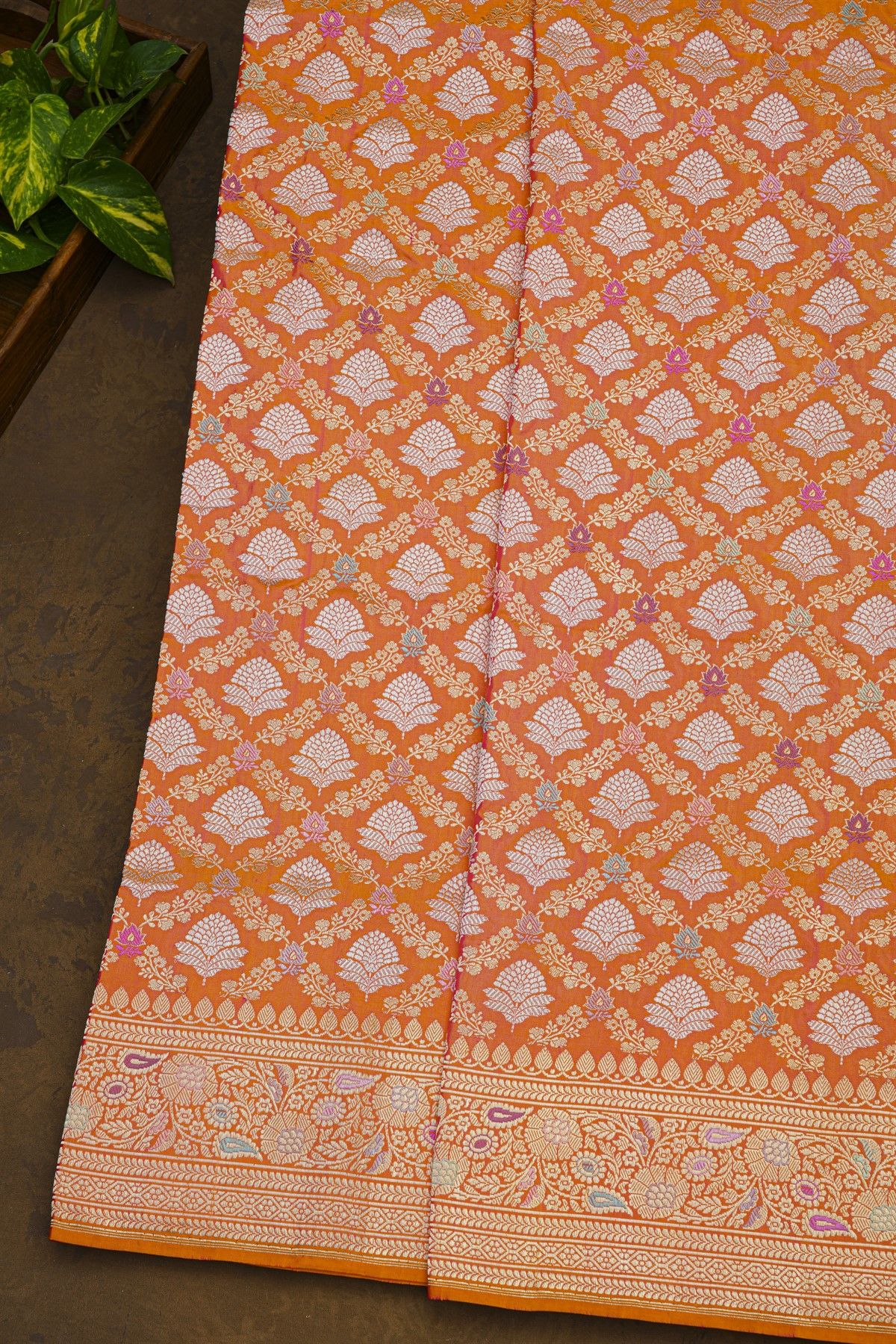 Pure Banarasi Silk Orange Saree WIth All Over Floral Jaal In Meenakari Weave Body