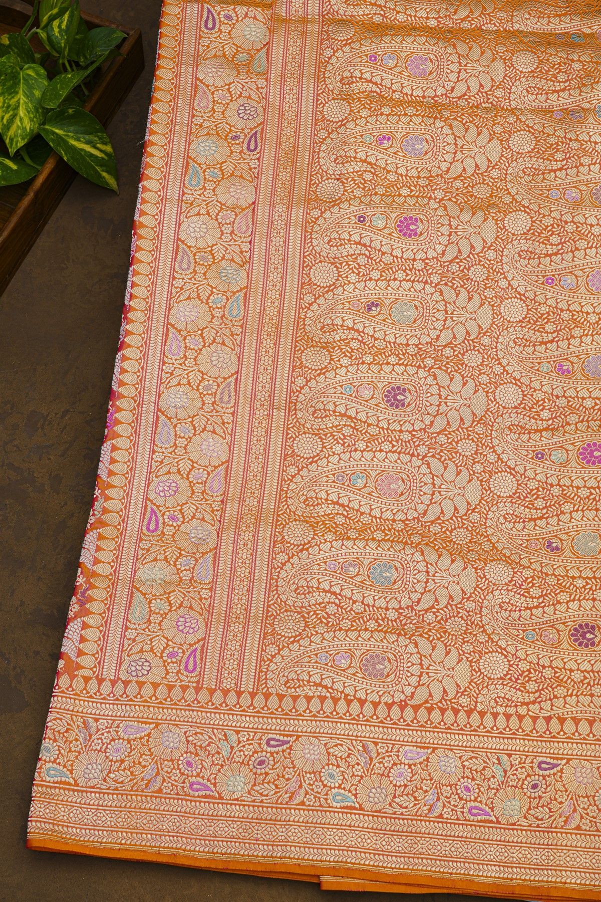 Pure Banarasi Silk Orange Saree WIth All Over Floral Jaal In Meenakari Weave Body
