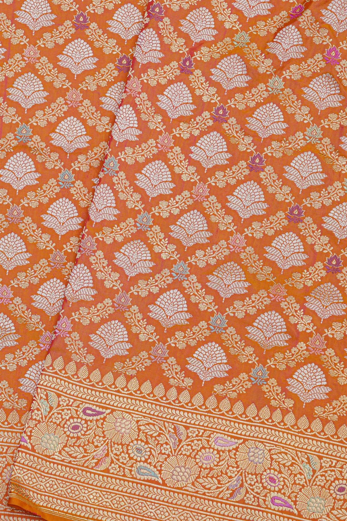 Pure Banarasi Silk Orange Saree WIth All Over Floral Jaal In Meenakari Weave Body