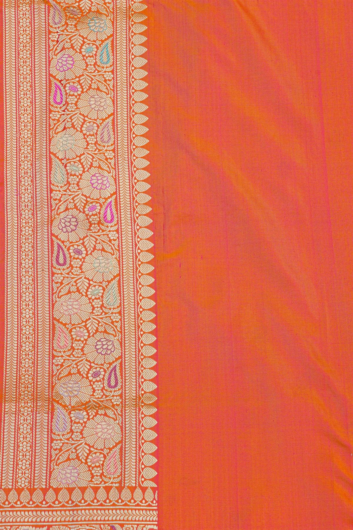 Pure Banarasi Silk Orange Saree WIth All Over Floral Jaal In Meenakari Weave Body