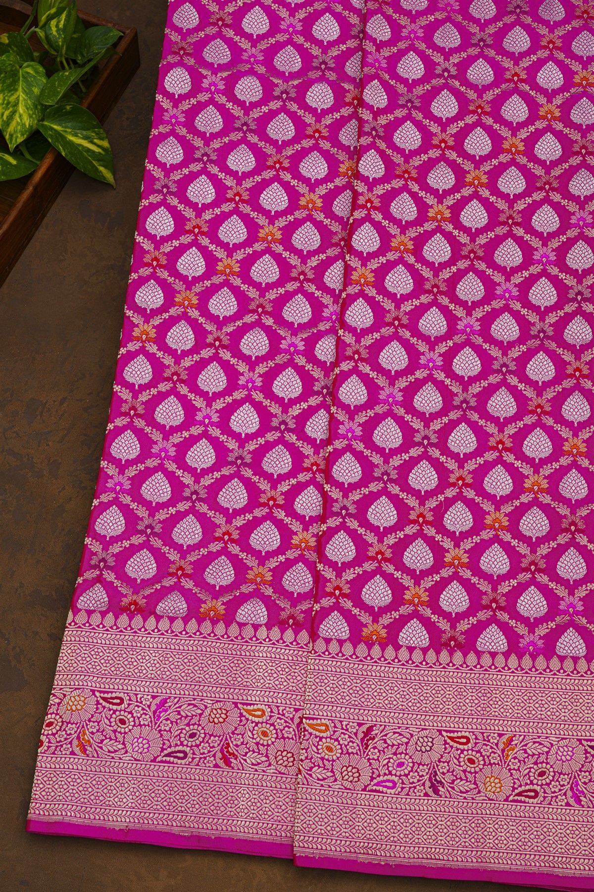 Pure Banarasi Silk Rani Pink Saree With All Over Floral Jaal Meenakari Weave Body