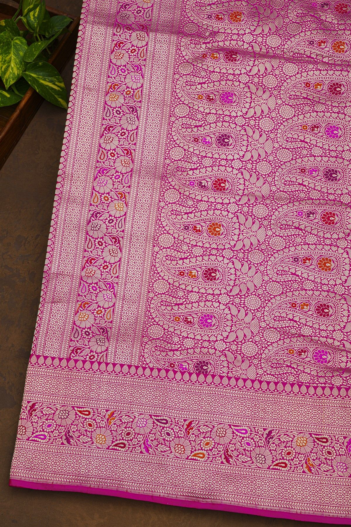 Pure Banarasi Silk Rani Pink Saree With All Over Floral Jaal Meenakari Weave Body