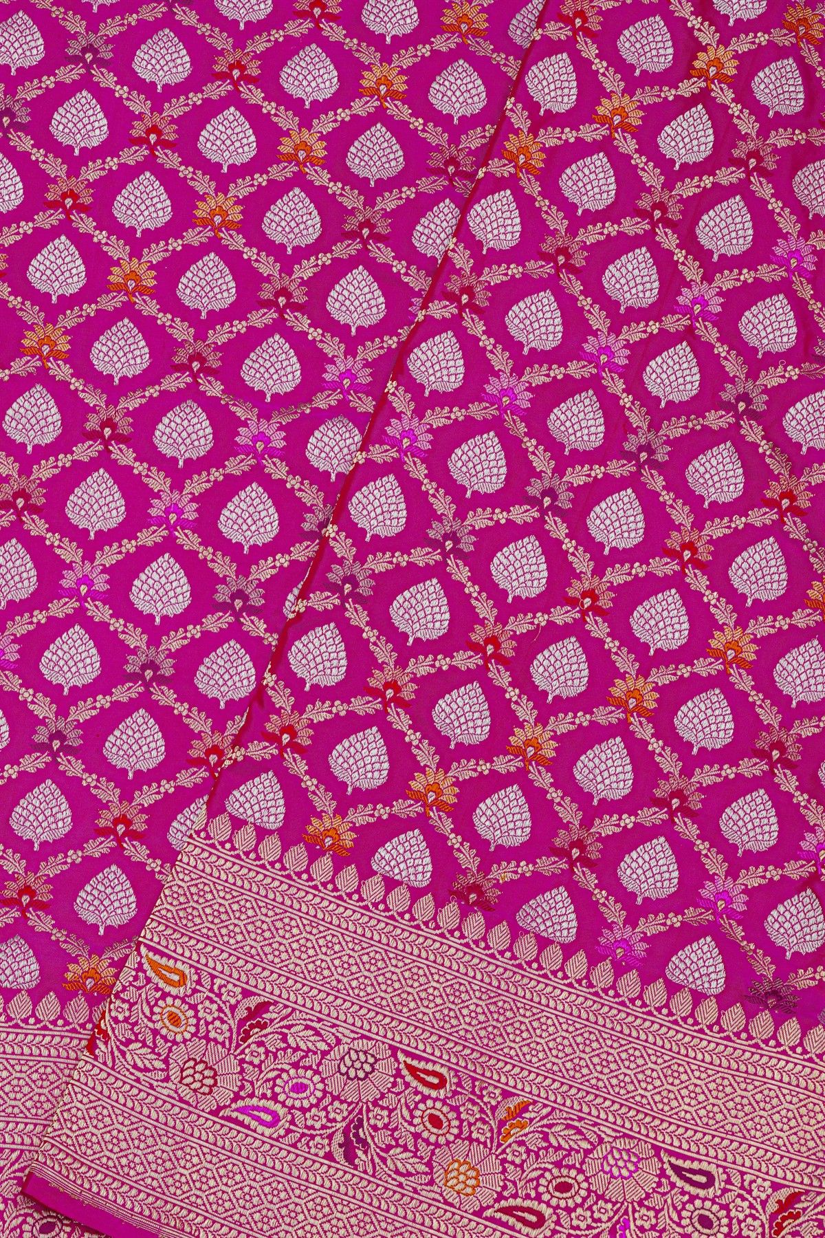 Pure Banarasi Silk Rani Pink Saree With All Over Floral Jaal Meenakari Weave Body
