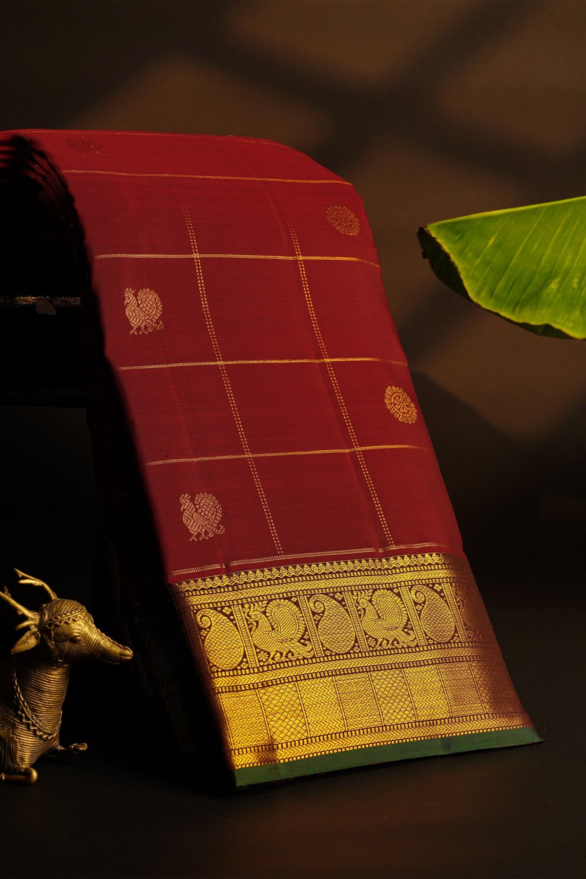 Kancheepuram Maroon Saree With Peacocks In Zari Checks Body Paisley Border