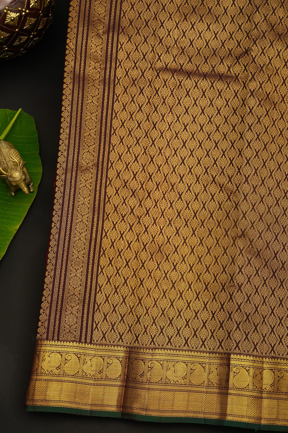 Kancheepuram Maroon Saree With Peacocks In Zari Checks Body Paisley Border