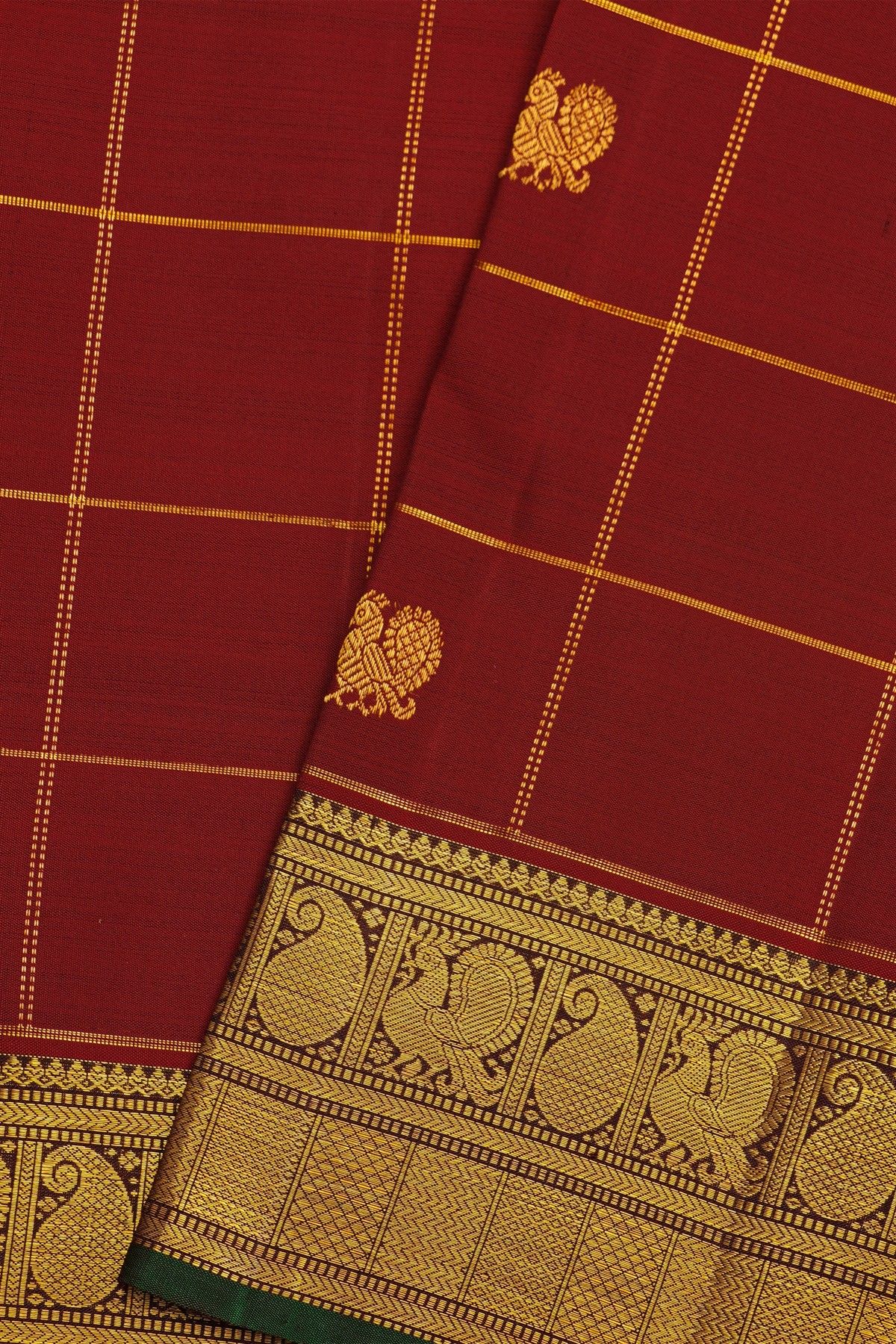 Kancheepuram Maroon Saree With Peacocks In Zari Checks Body Paisley Border