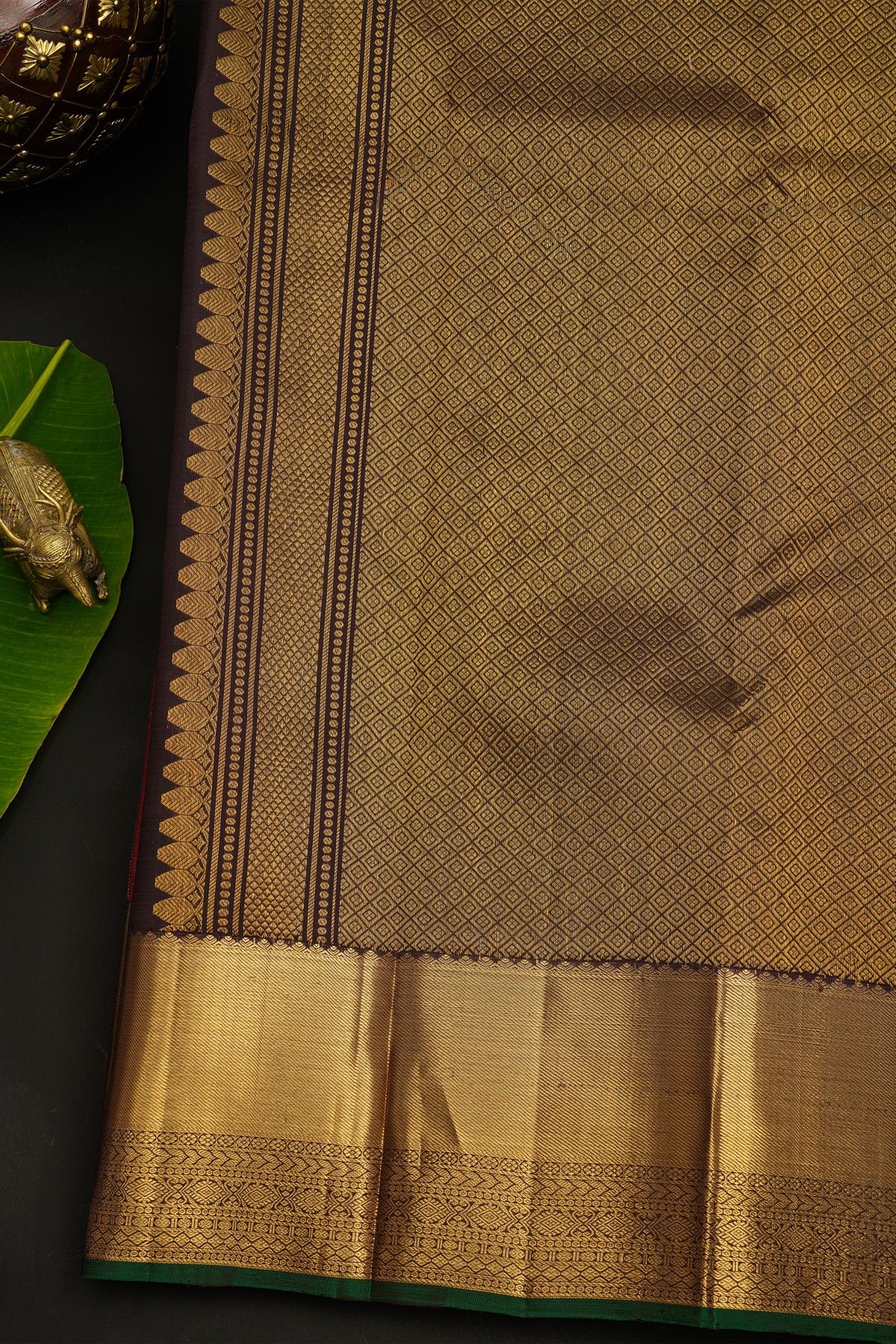 Kancheepuram Silk Maroon Saree With Florals And Leaves In Zari Checks Body And Traditional Kaddi Border