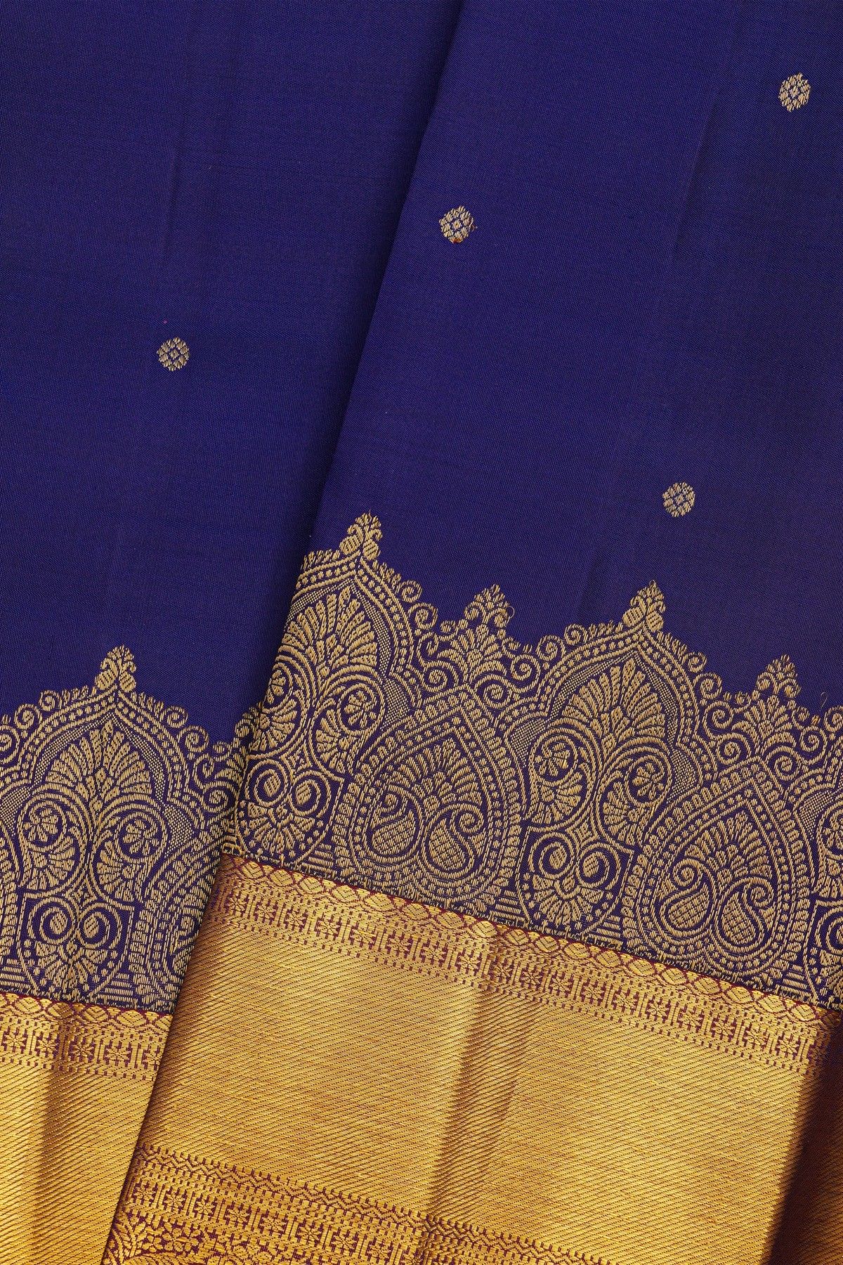 Kancheepuram Silk Blue Saree With Florals And Leaves In Zari Body And Contrast Florals And Leaves With Cross Lines Border